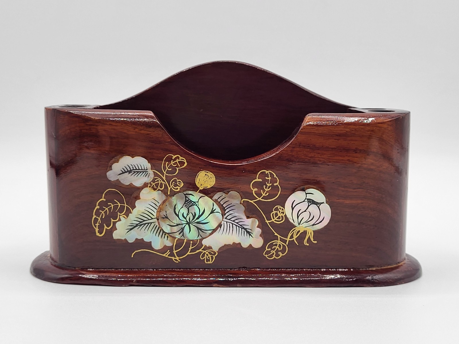 Vintage Pen & Business Card Holder Lacquer Wood w/ Floral Mother-Of-Pearl Inlay
