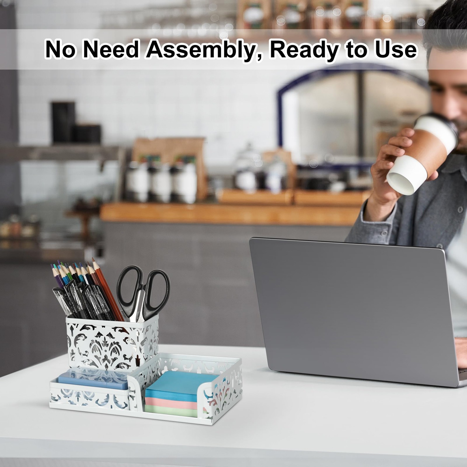 Desk Organizer with 3 Compartments Pencil Holder Sticky Note Tray White