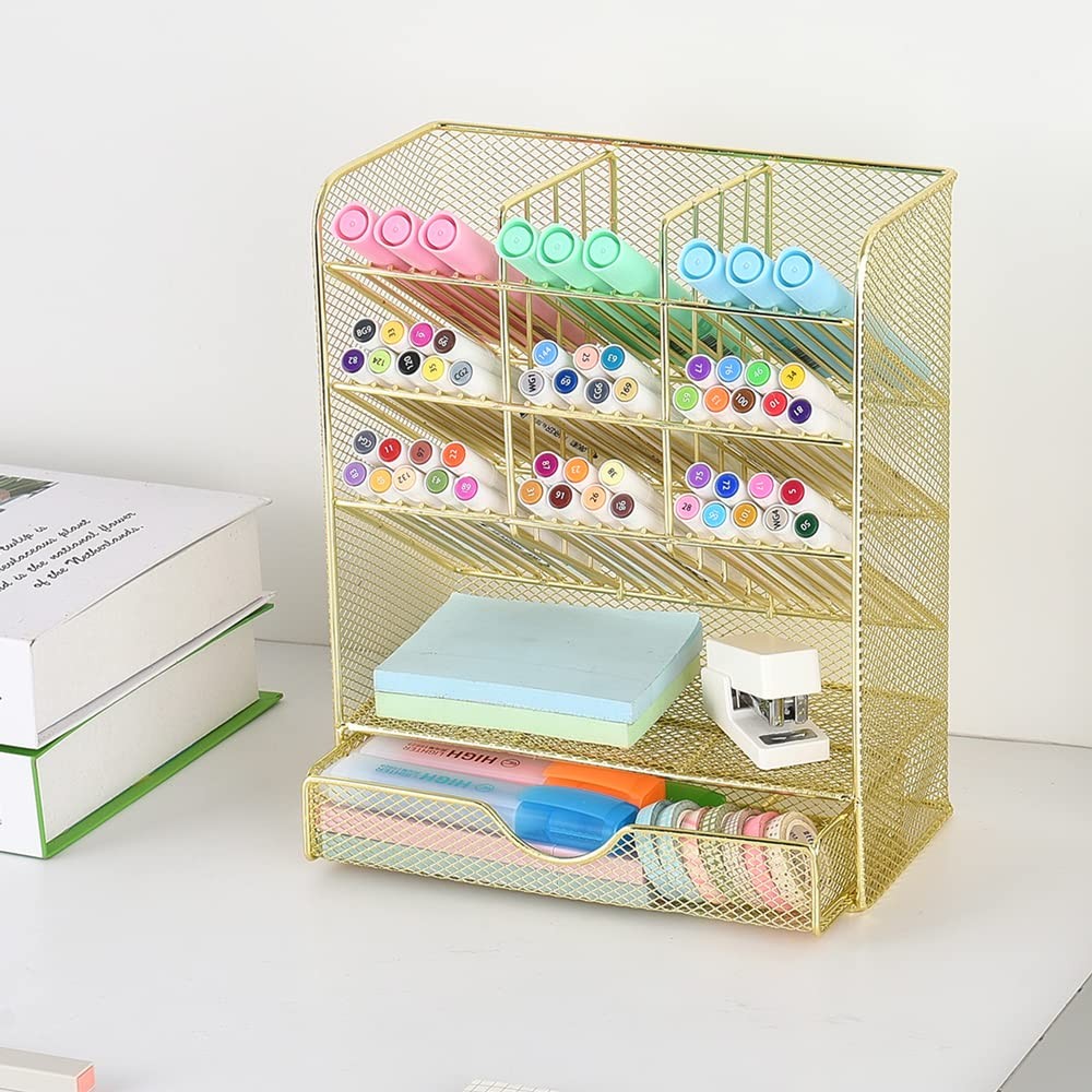 Spacrea Mesh Pen Organizer – Pencil Holder for Desk, Desk with Gold