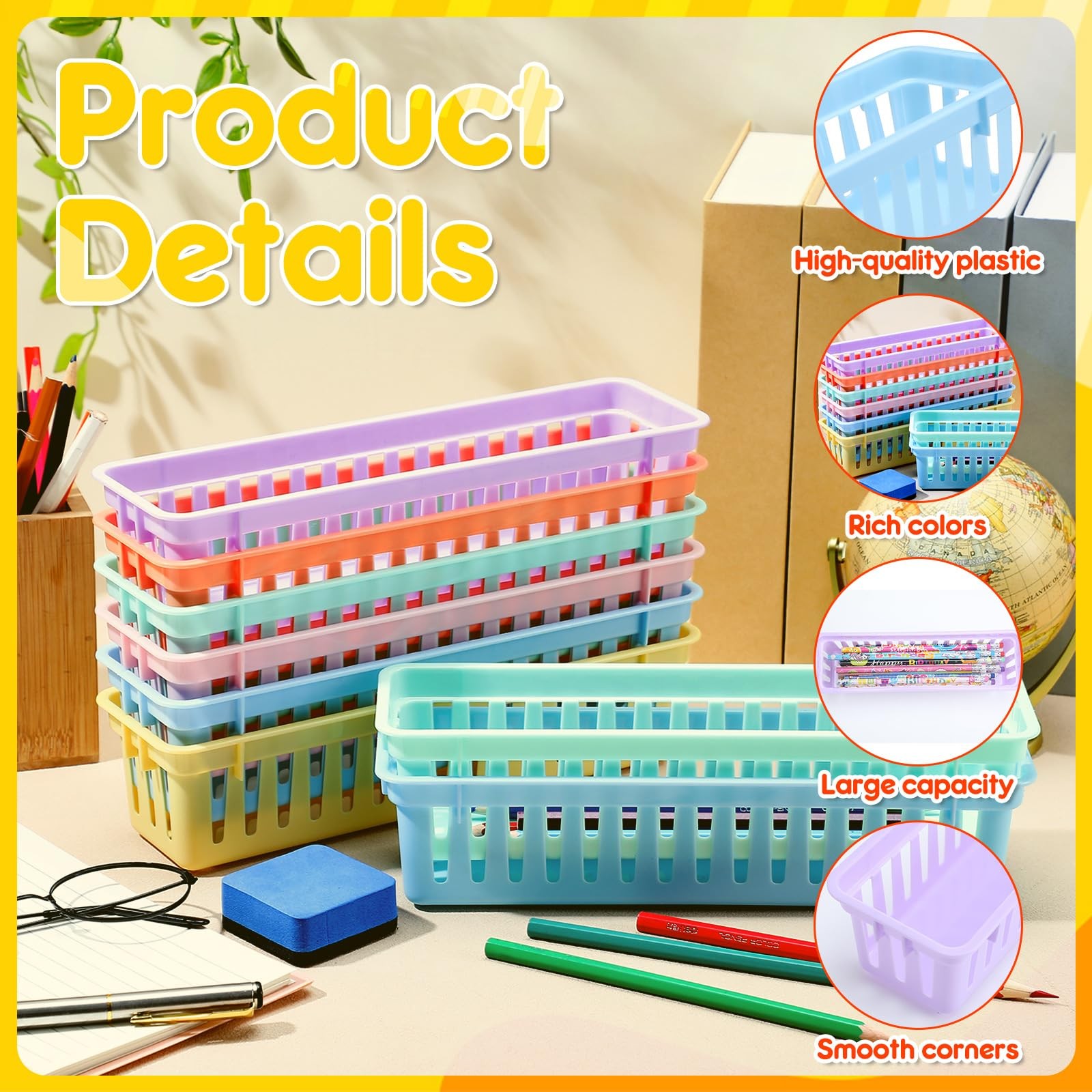 12 Pcs 10″ x 3″ Plastic Pencil Basket Back to Pencil Tray Holder for Classroo…