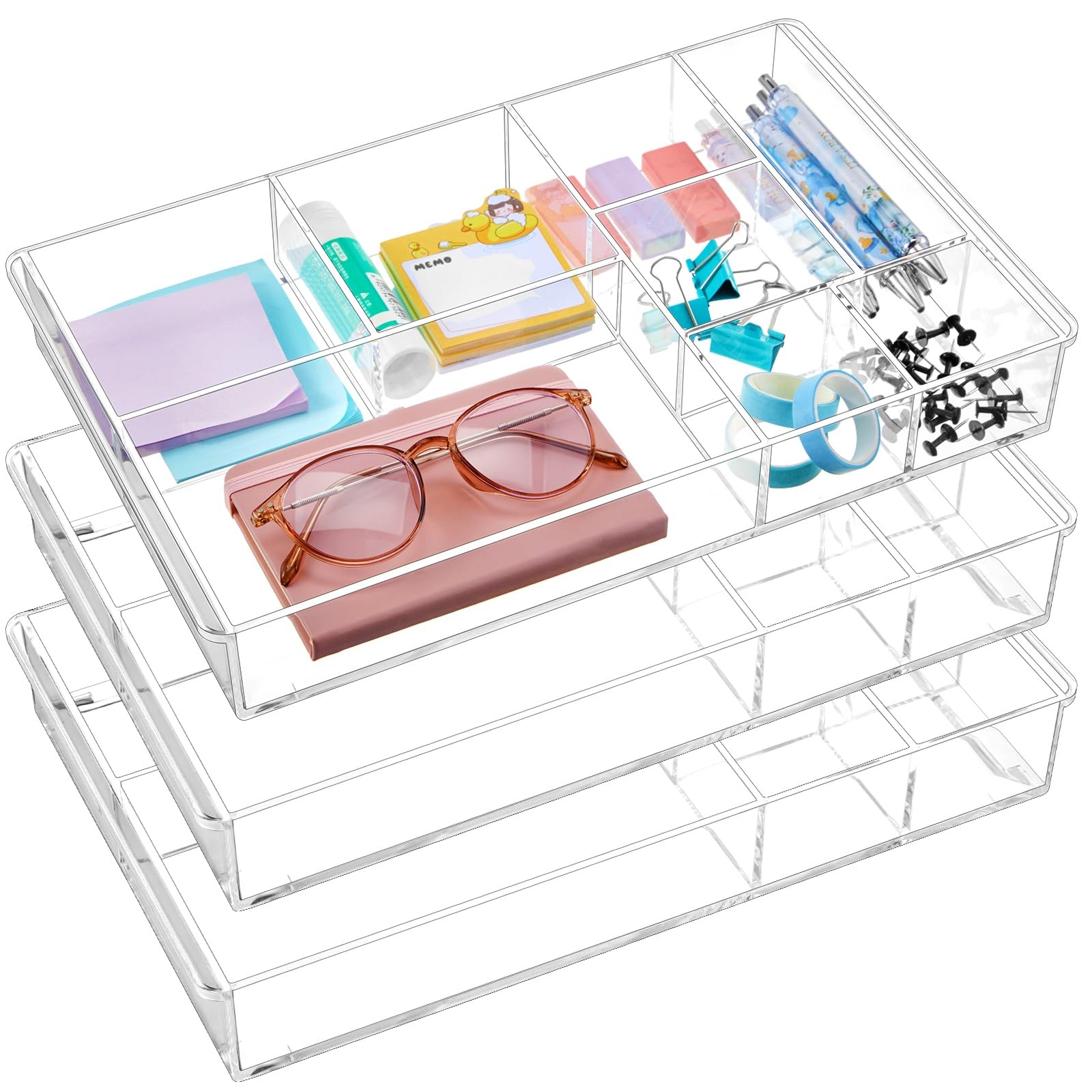 3 Pcs Clear Acrylic Desk Drawer Organizer 13.7×8.7×2 Inch 8 Compartments Tray