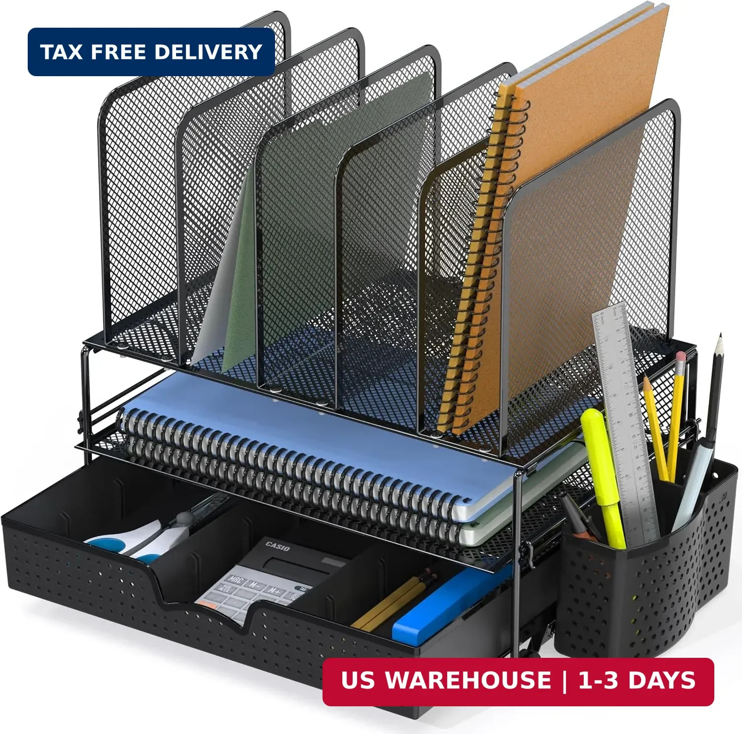 Simple Houseware Mesh Desk Organizer with Sliding Drawer, Double Tray and 5 Upri