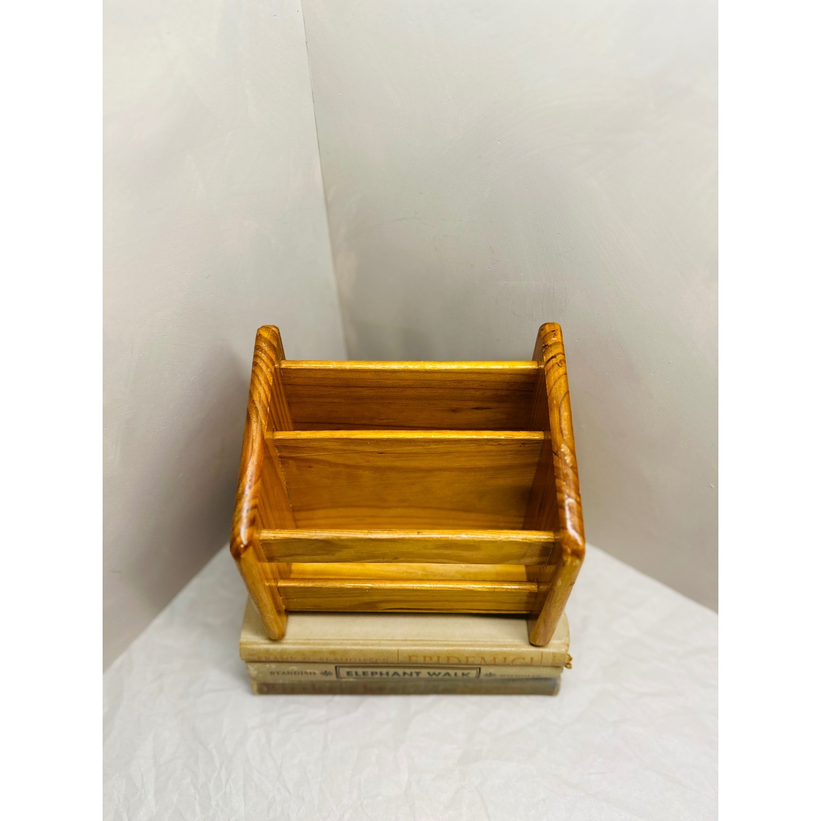 Vintage Handmade Wooden Letter Rack Desk Organizer 2 Slot Mail Sorter Honey Pine