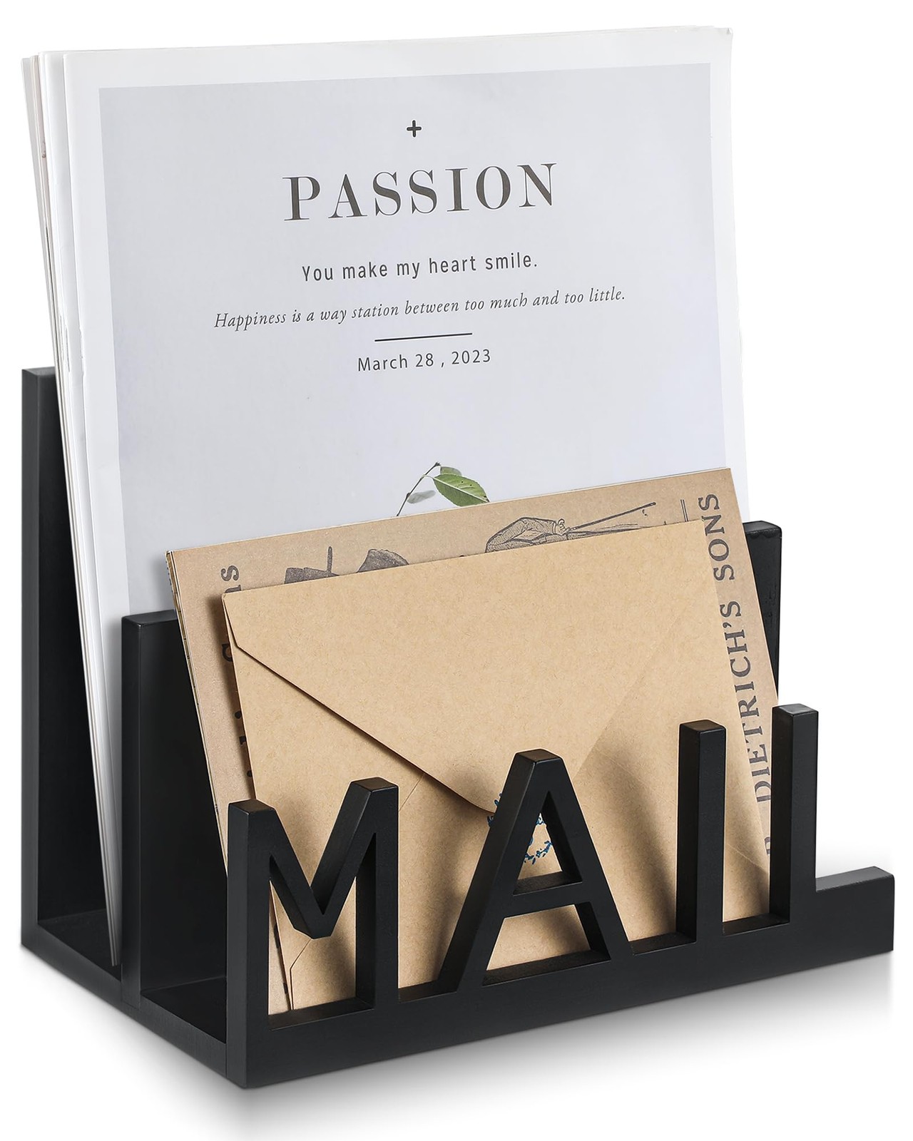 Mail Holder Wooden Organizer Black Countertop Cutout Lettering Desktop Rack