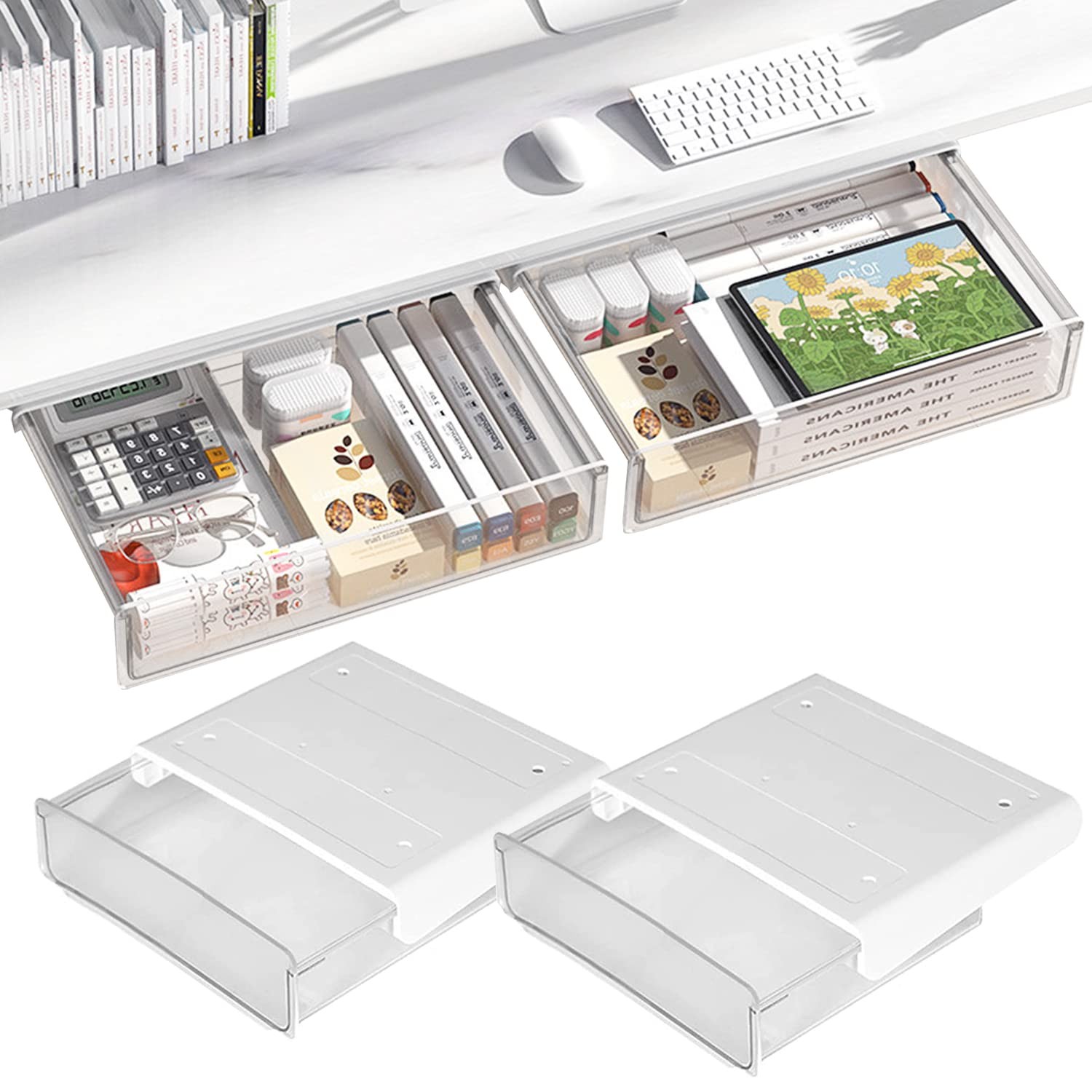 2 PCS White SelfAdhesive Under Desk Drawer Large Slide Out Hidden Tray