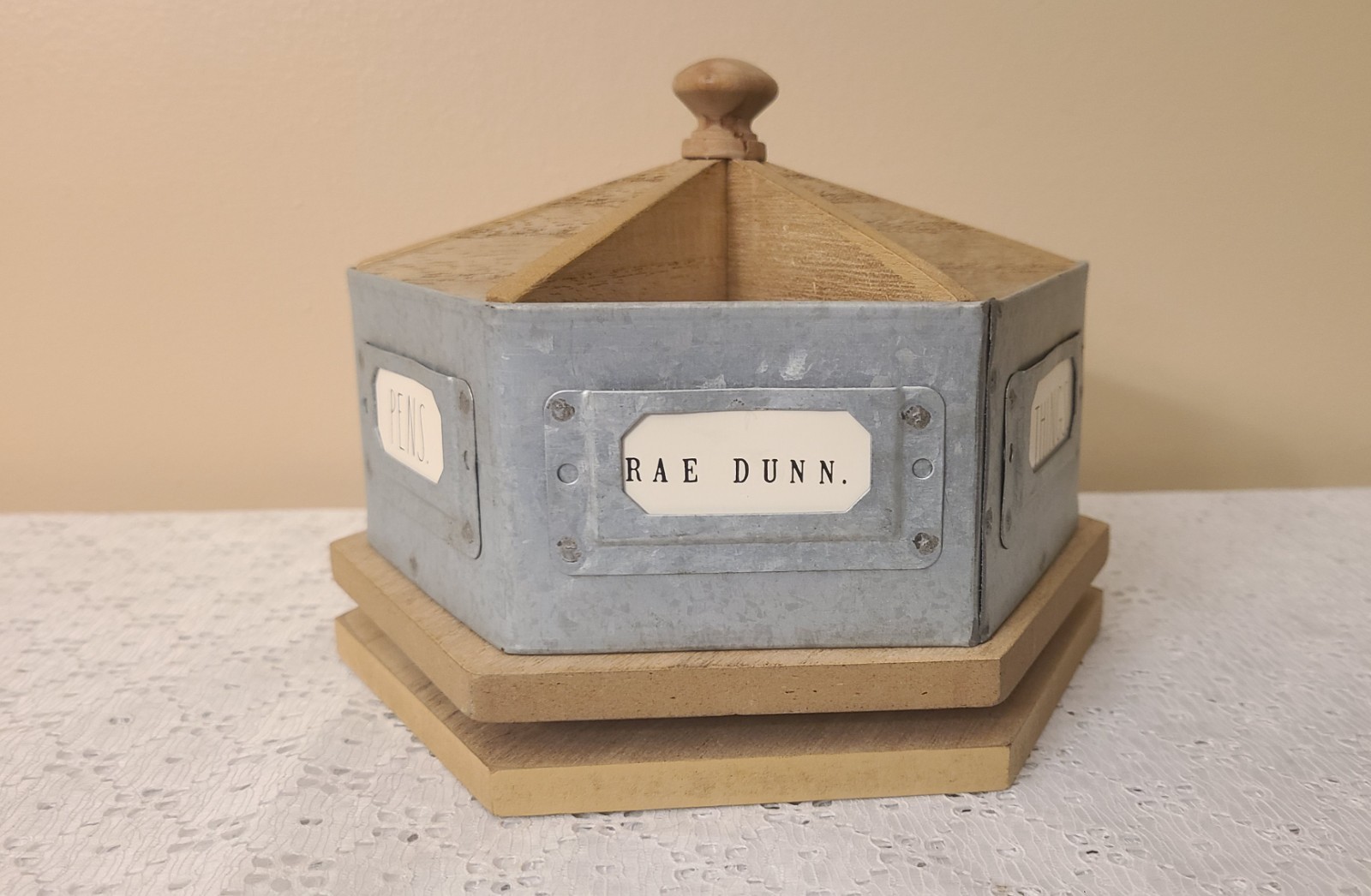 Rae Dunn Galvanized Steel & Wood Metal Rotating Spinning Rustic Desk Organizer