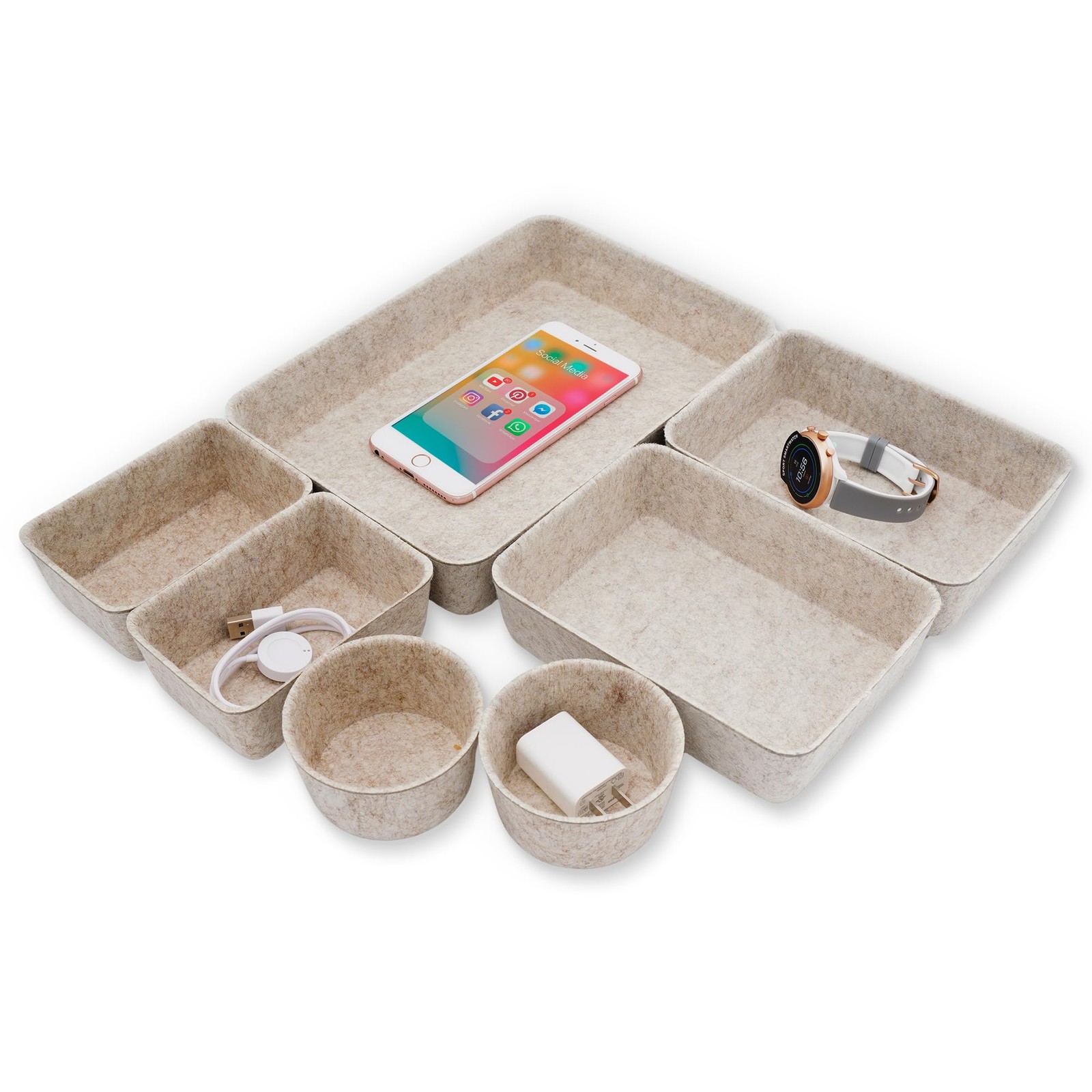7pc Scandinavian Felt Desk Drawer Organizer Oatmeal Catchall Tray