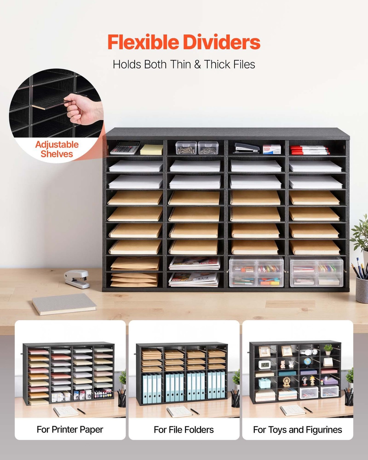 Countertop File Sorter: 36 Compartments, Wooden Finish, Detachable Shelf Design