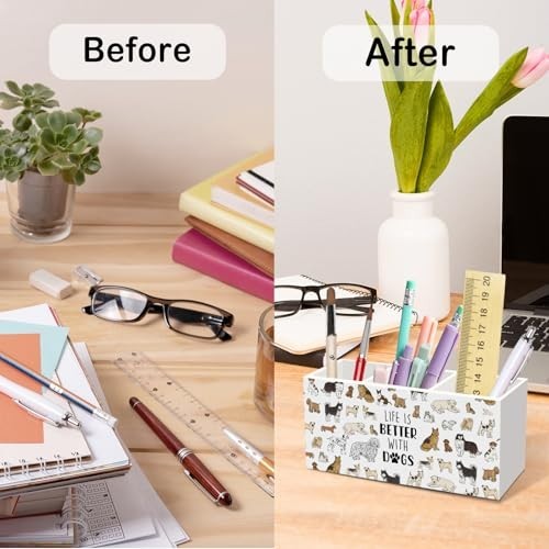 Wood Pencil Holder Desk Organizer 3 Compartments Dog Design 7.9×3.5×2.5 Inch
