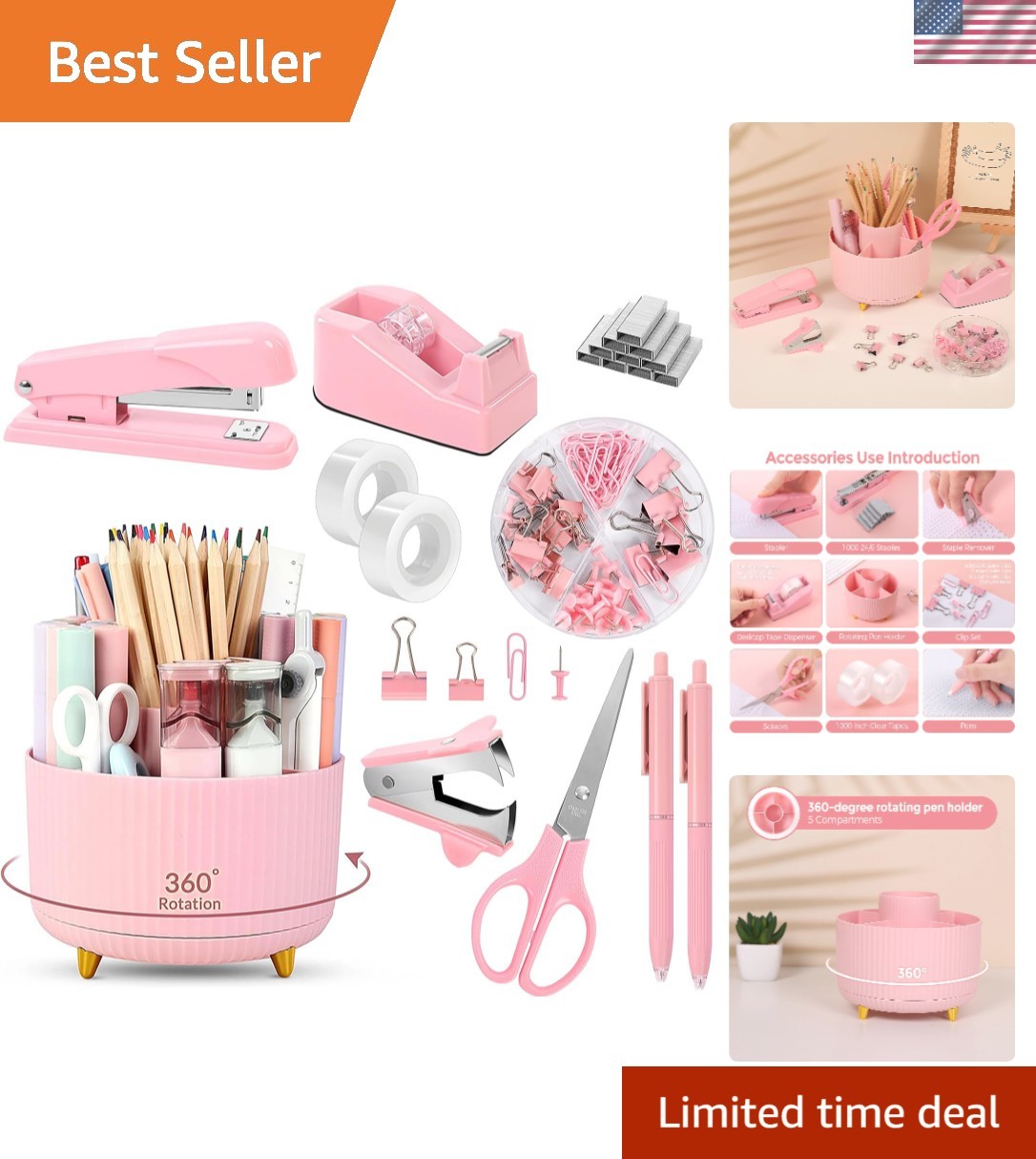 Chic Pink Desk Accessories: Complete 10-Piece Stationery Set for Home/Office