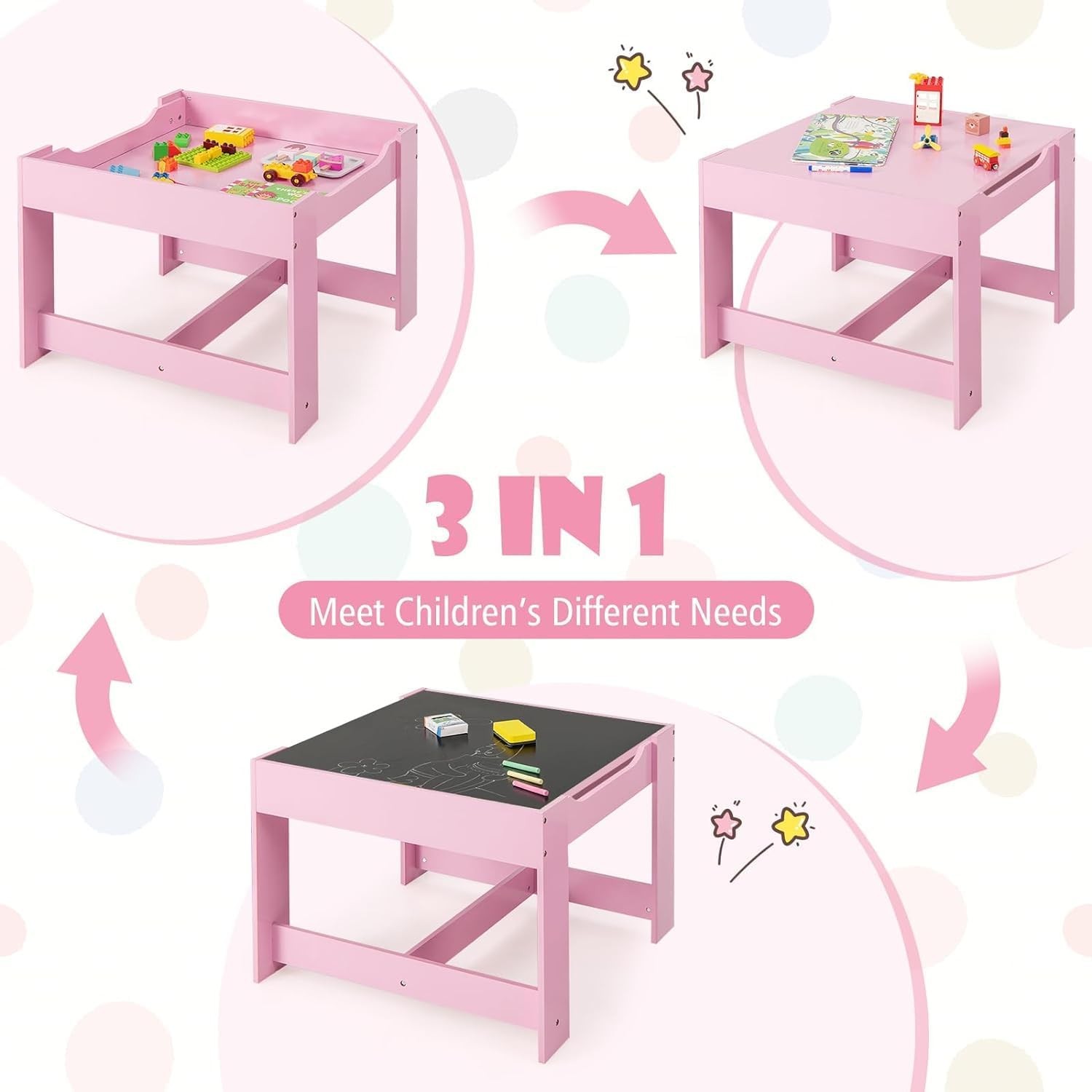 Kids Table and Chair, 3 in 1 Wooden Kids Table with Stora Der,