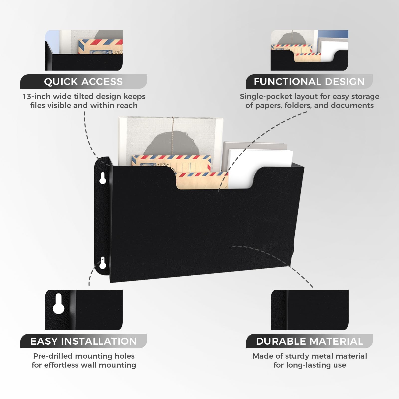 DR POCKET RACK Wall-Mounted File Rack, Single Pocket, Metal Organizer for Let…