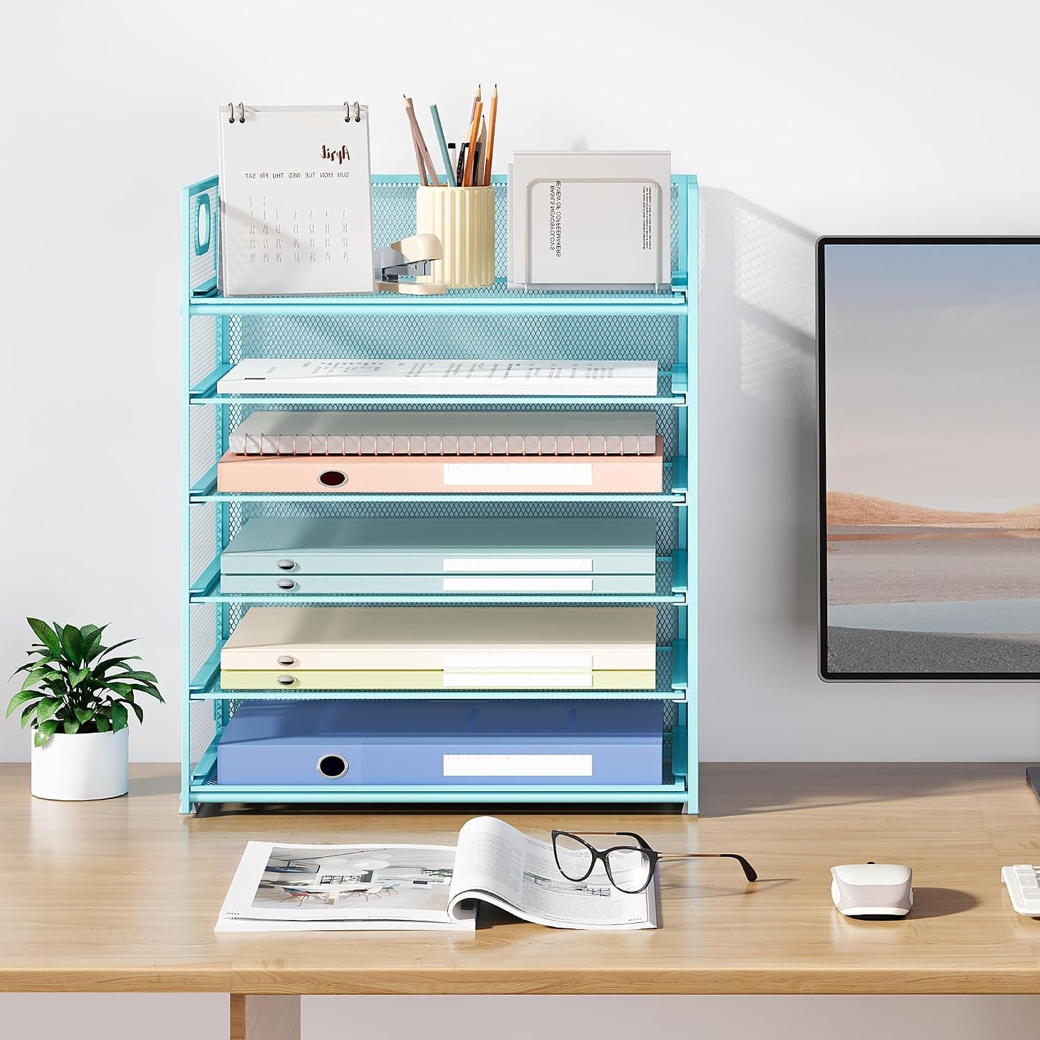 6 Tier Office File Paper Desk Tray Organizer with Handle, Stackable Slide Mesh L