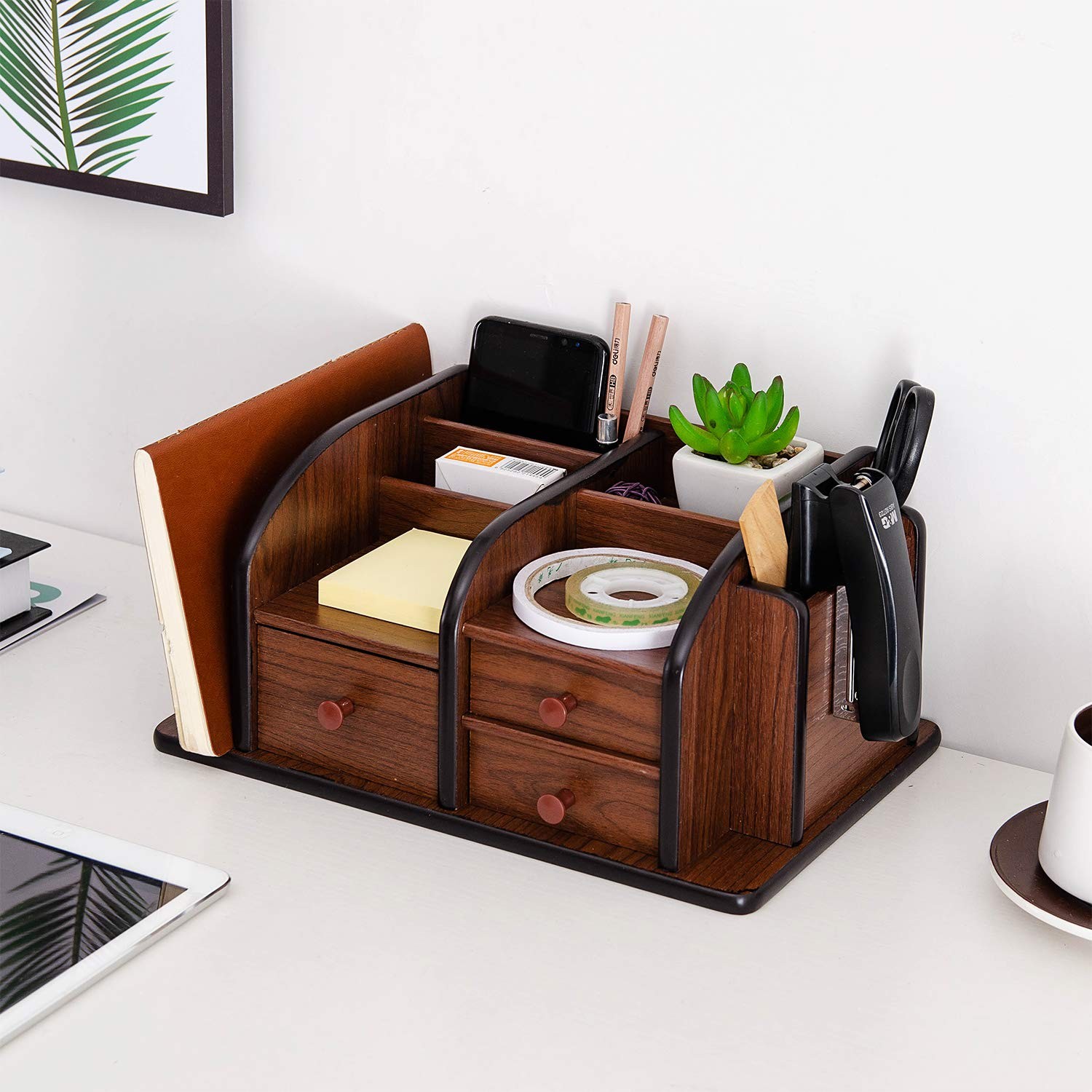 Liry Products Brown Wooden Desk Organizer Multiple Compartments 3 Drawers Slots
