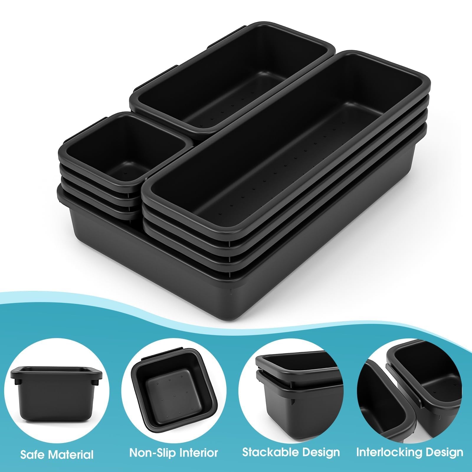StoreHappily 10 PCS Drawer Organizer Set, 4 Size Makeup 10Pack, Black
