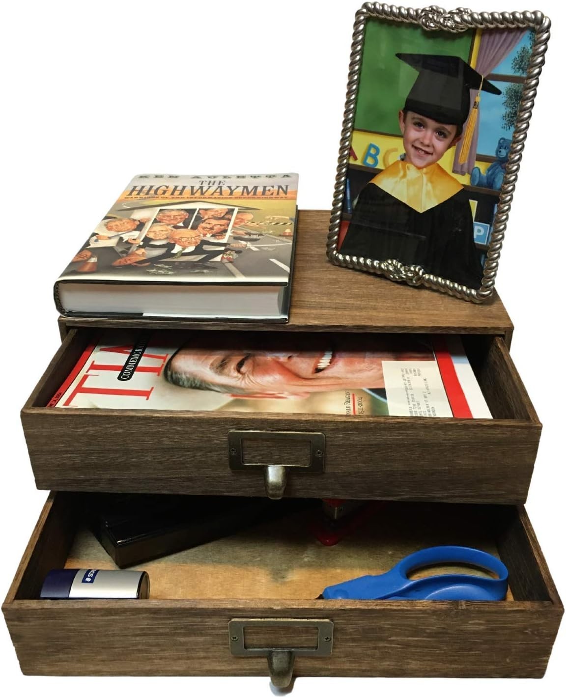 Walnut 2-Drawer Wooden Monitor Stand Office Desk Organizer