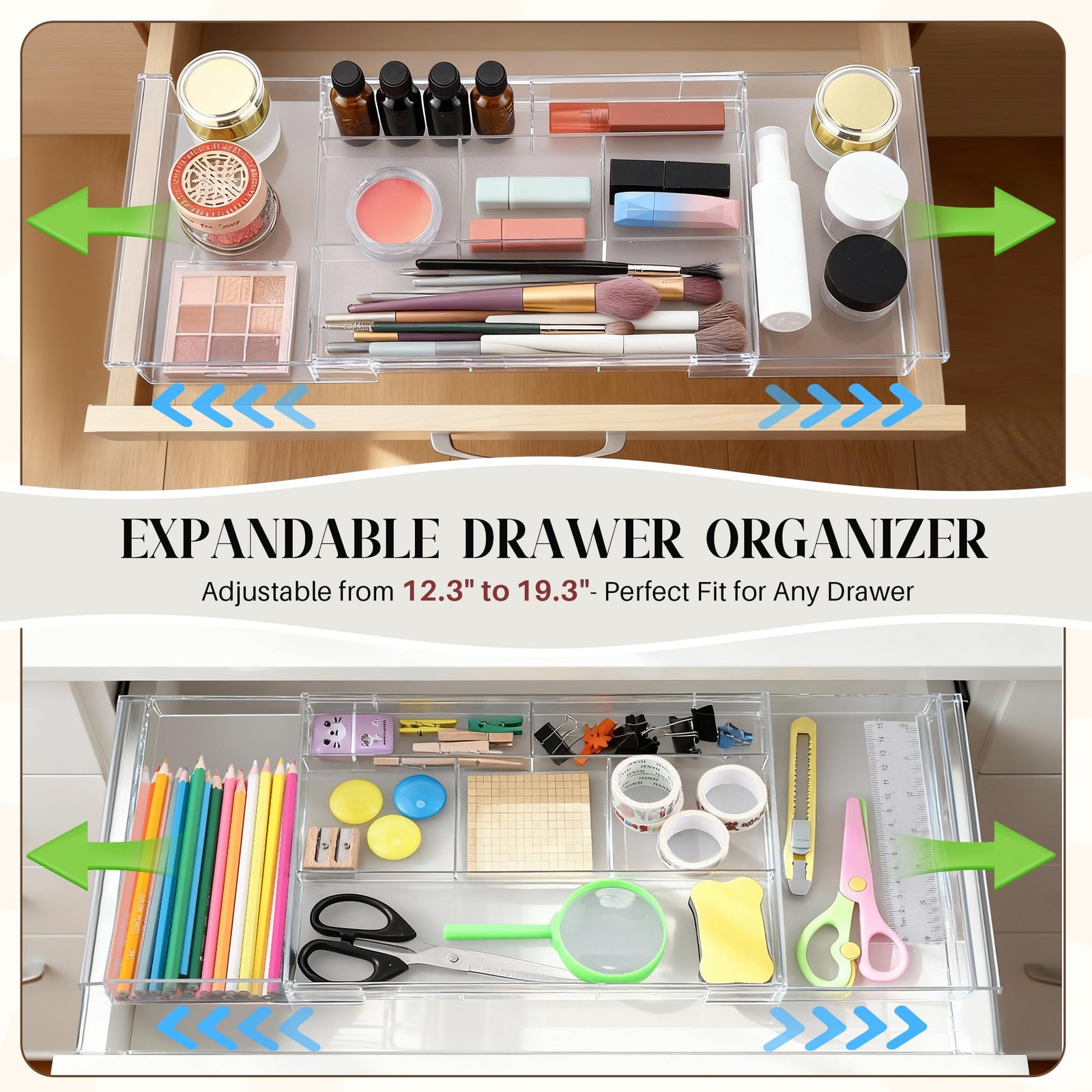 Dunkive 2pack Shallow Expandable Drawer Organizer, Adjustable Transparent