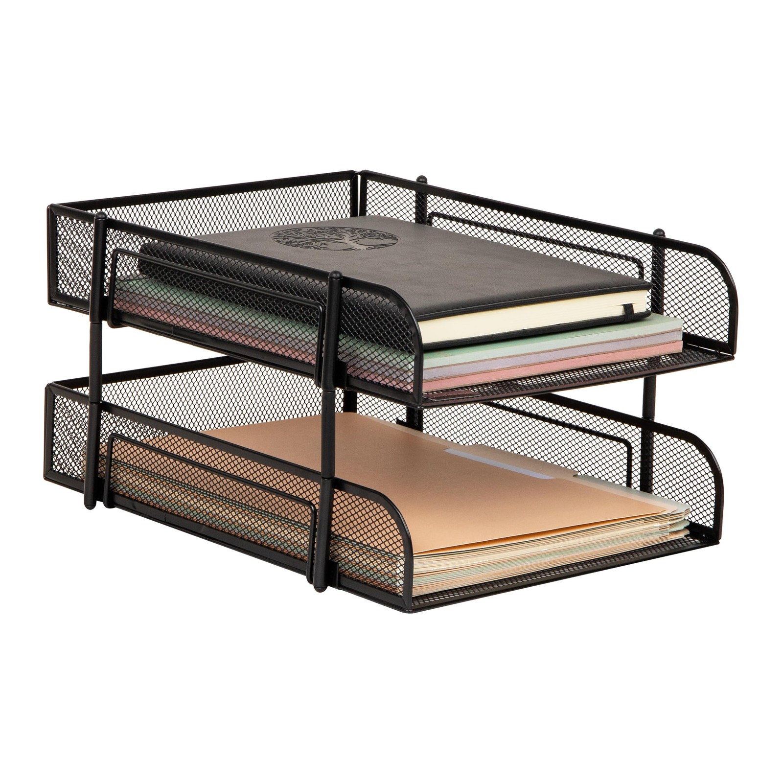 Black 2-Tier Stackable Paper Tray, Metal Mesh Organizer, 10.5×13.25in