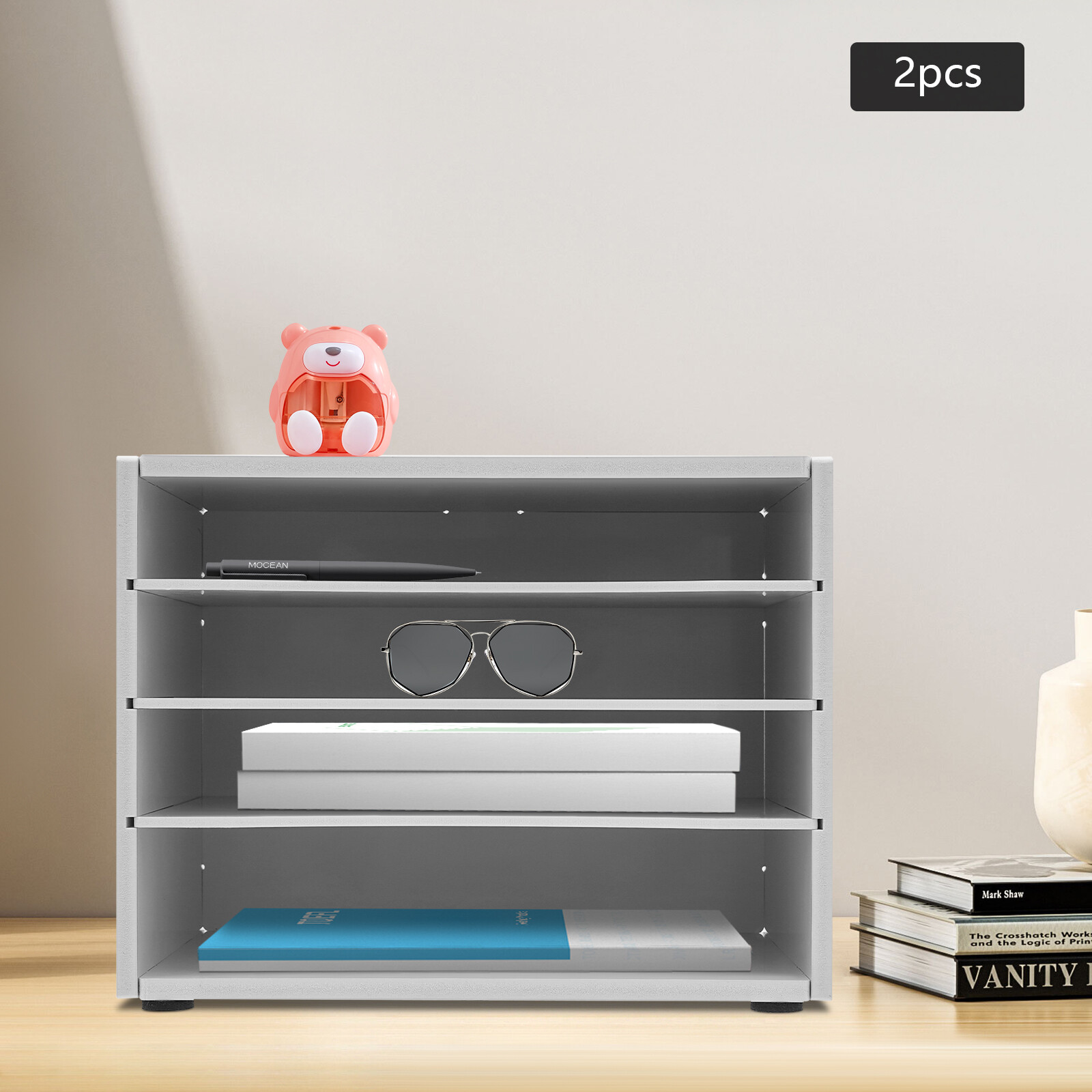 Desktop Organizer 2 Pack 4 Compartment File Sorter White Office Desk Accessories