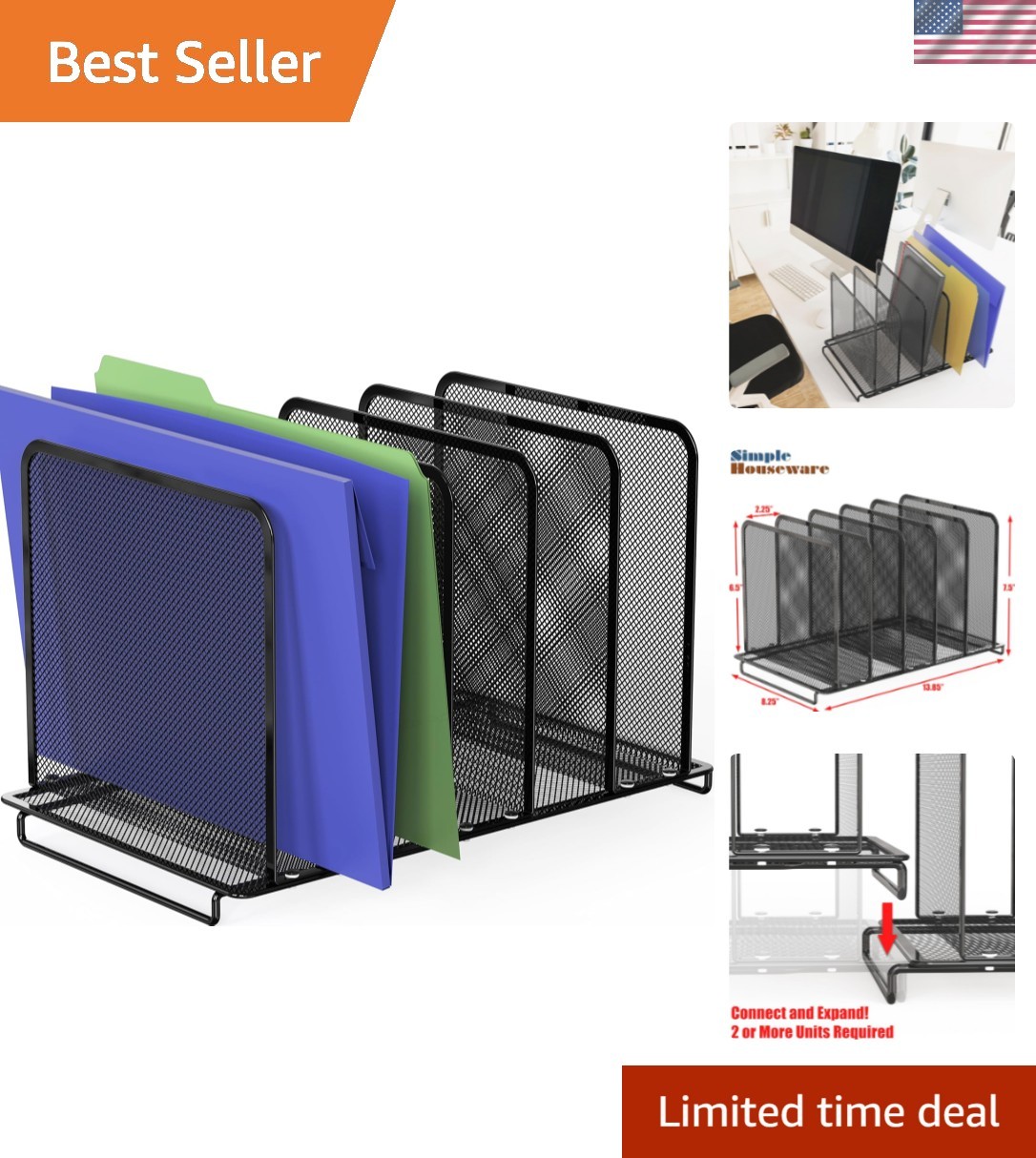 Expandable 5 Section Upright File Sorter Organizer, Black