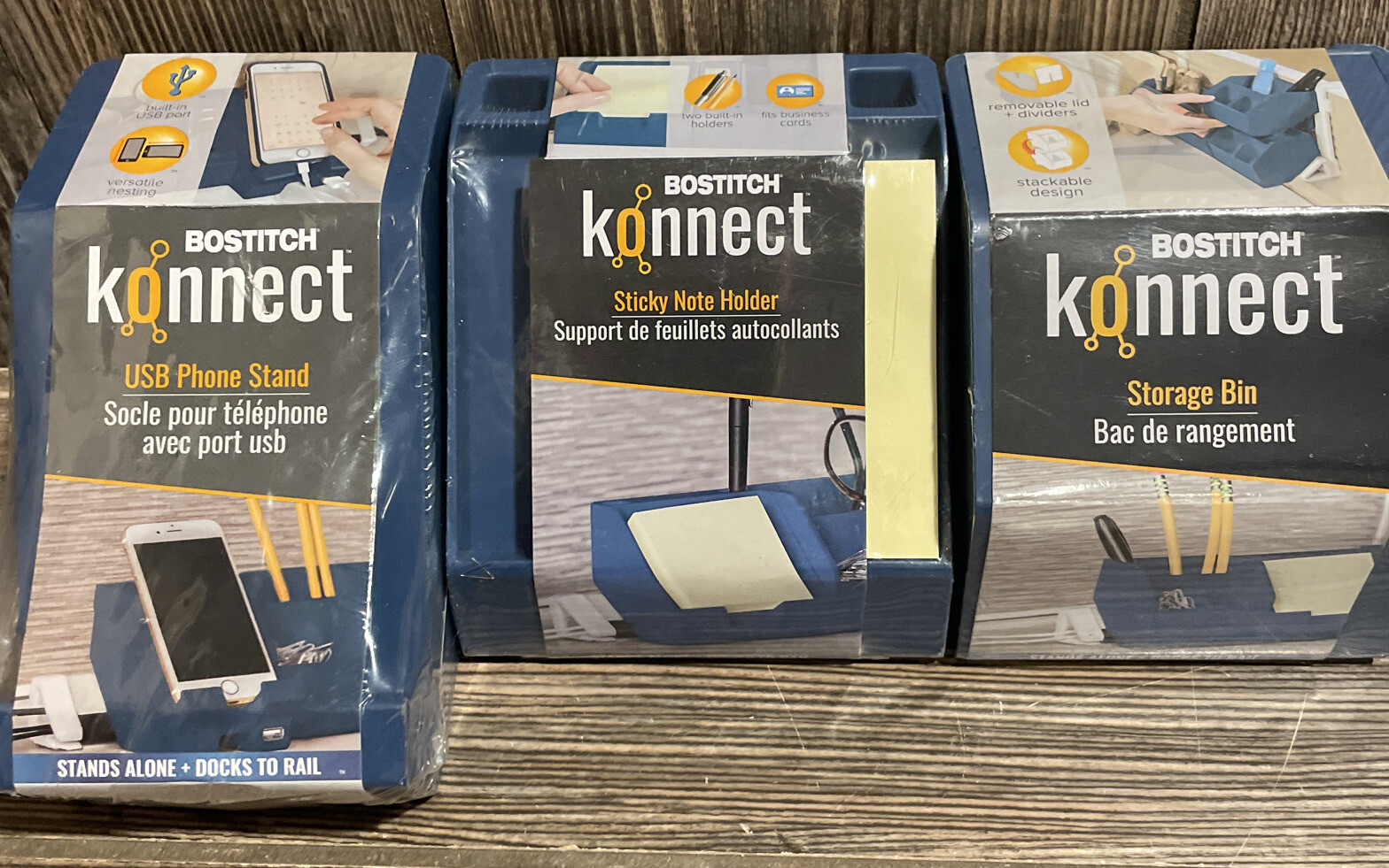BOSTITCH KONNECT 3 Piece Set-USB Phone Stand-Sticky Note-Storage Bin- Blue