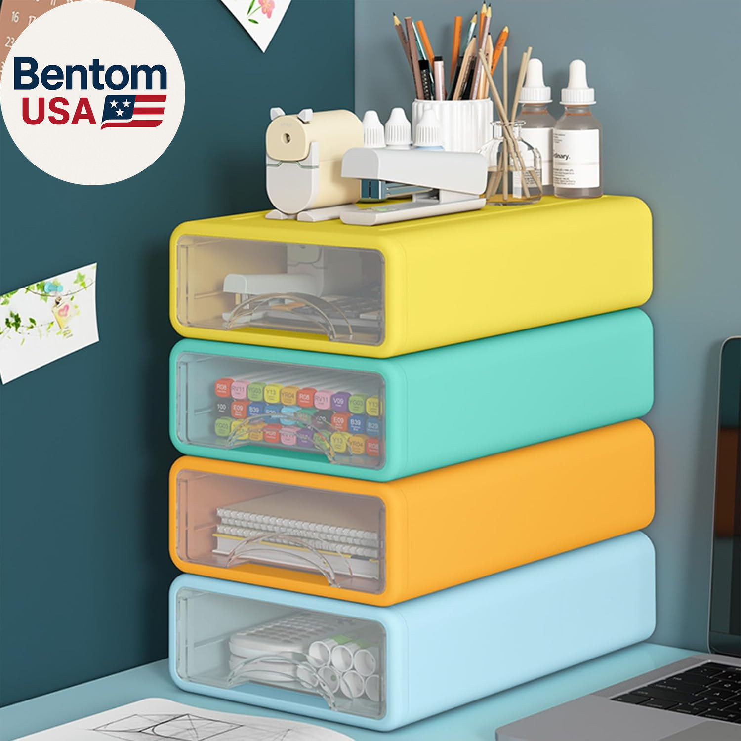 Desk Organizer with Drawers, Stackable Storage Drawers with Compartments Desktop