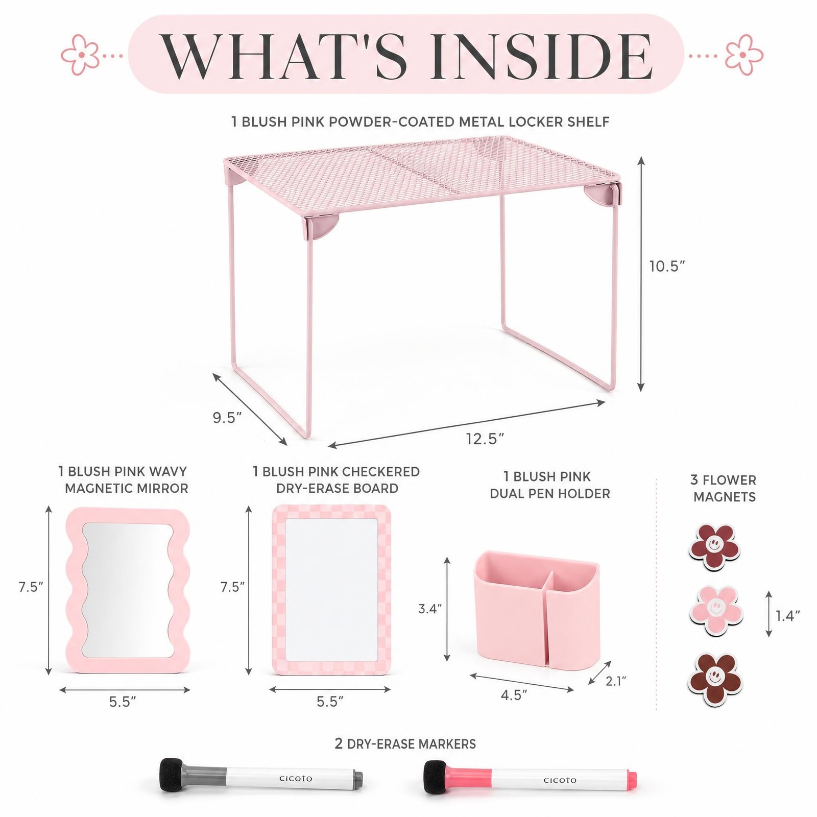 Stylish Locker Kit – Includes Shelf, Mirror, Whiteboard, Pen Holder, Cute Flo…