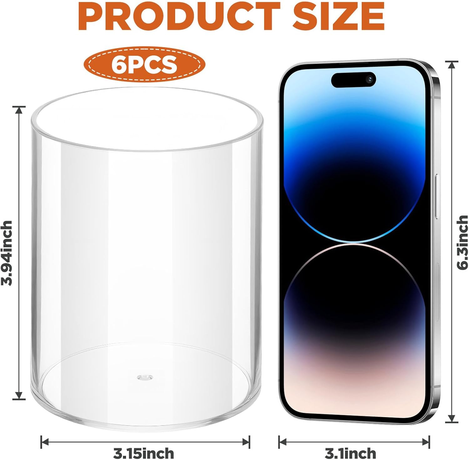 6 Pack Clear Plastic Pen Holder Cylinder Container, round Pencil Holder for Desk