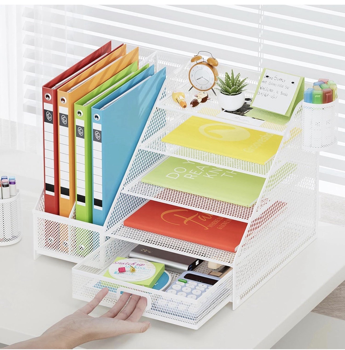 Desk Organizer w/ File Holder, 5-Tier Letter Tray w/ Drawer, Mesh White