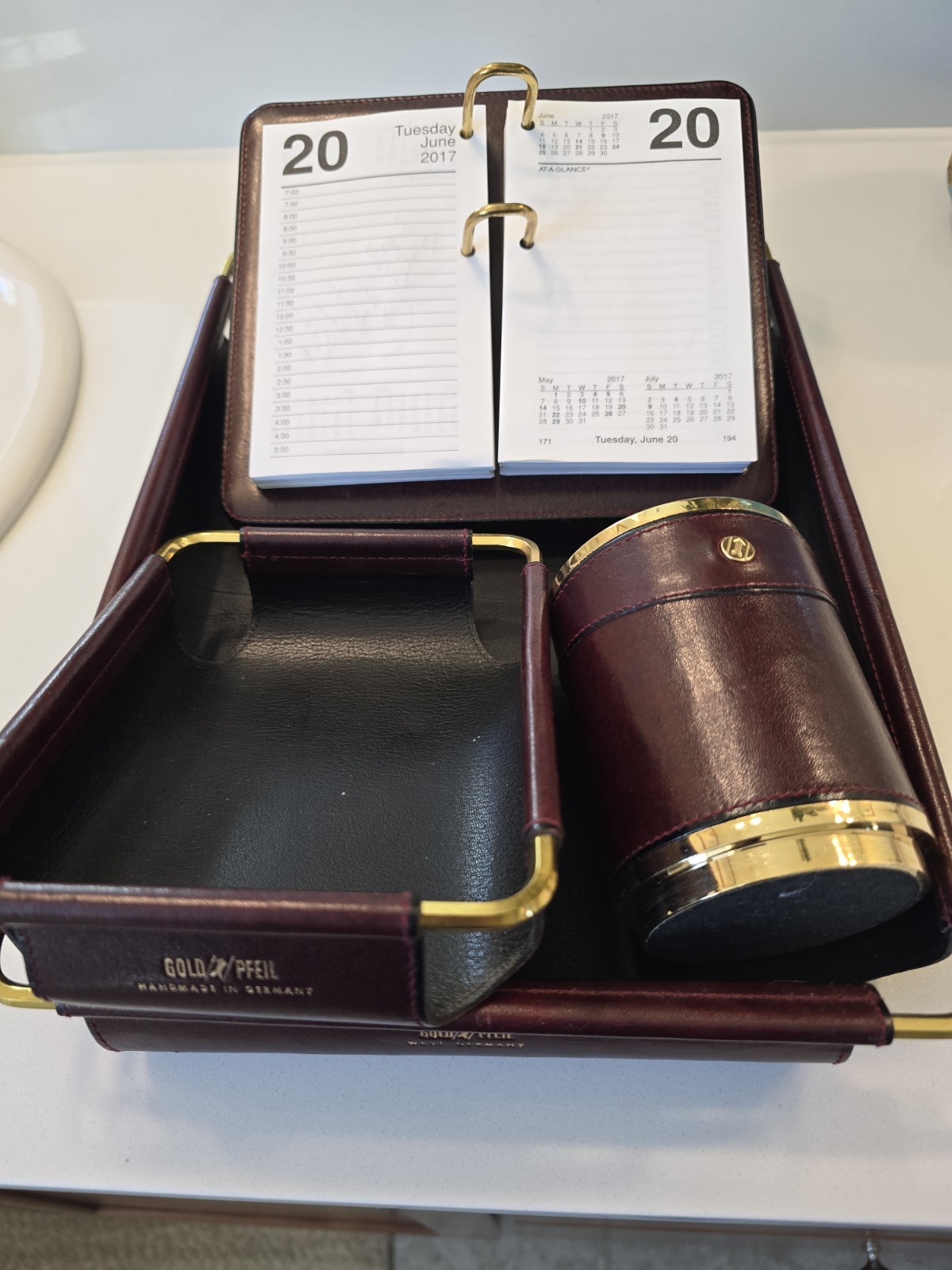 Gold Pfeil Burgundy Leather Desk Organizer Set