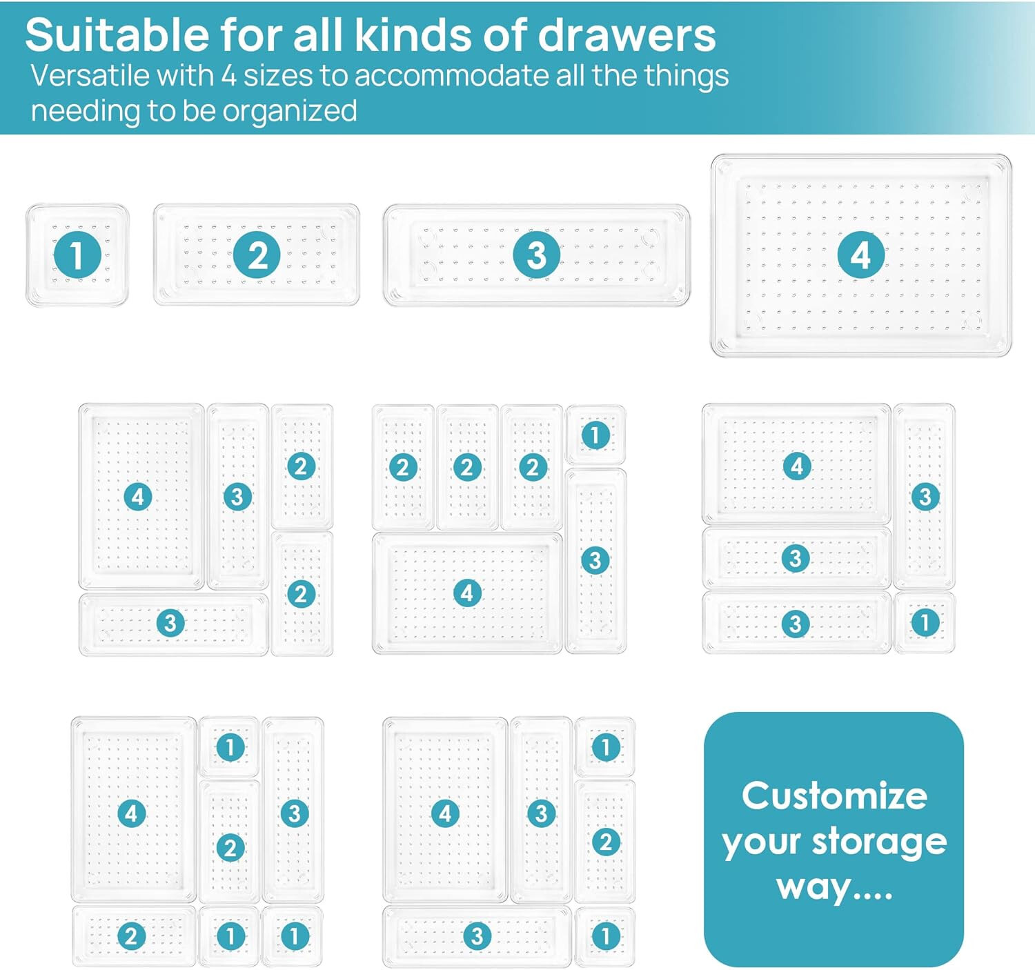 25 PCS Clear 4-Size Versatile Drawer Plastic Organizer Non-slip Storage Trays