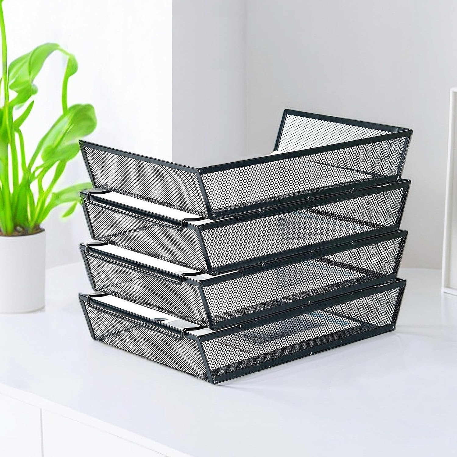 4 Tier Metal Letter Tray Desk Organizer-Stackable Paper Tray,Black | Desk Tray O