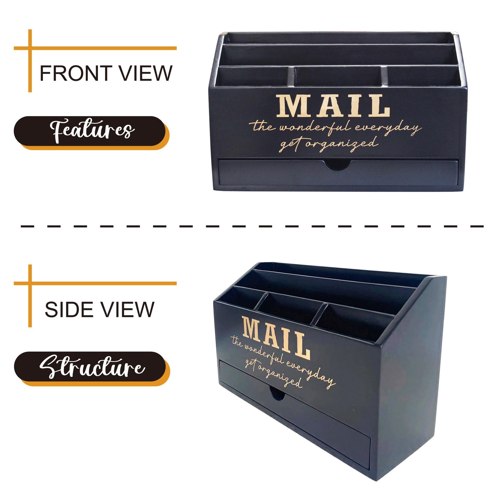 Wooden Black Rustic Countertop Mail Storage Organizer Drawer Compartment Desk