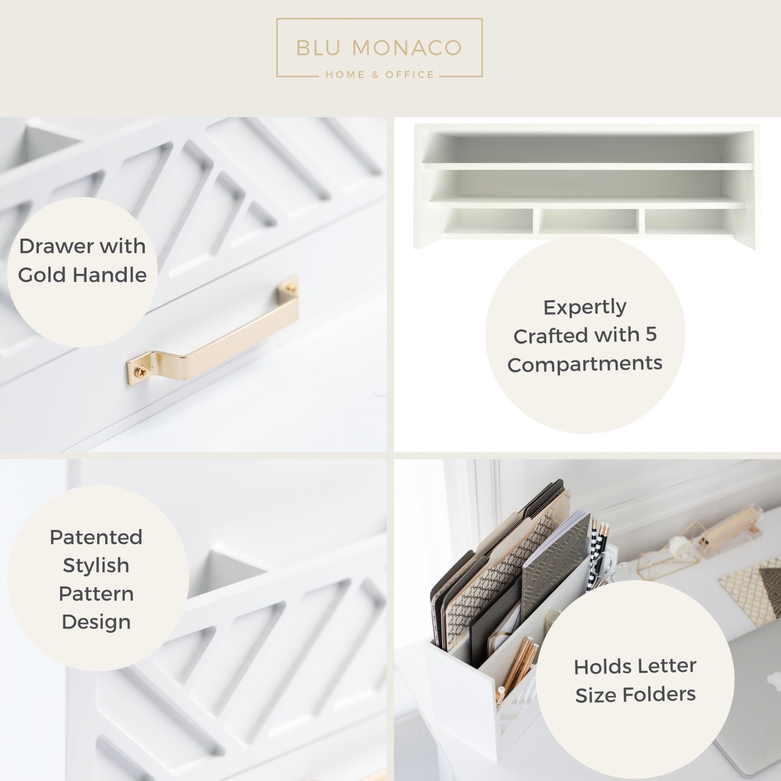 BLU MONACO | White Wooden Desk Organizer & Mail Organizer with Drawer & Gold …