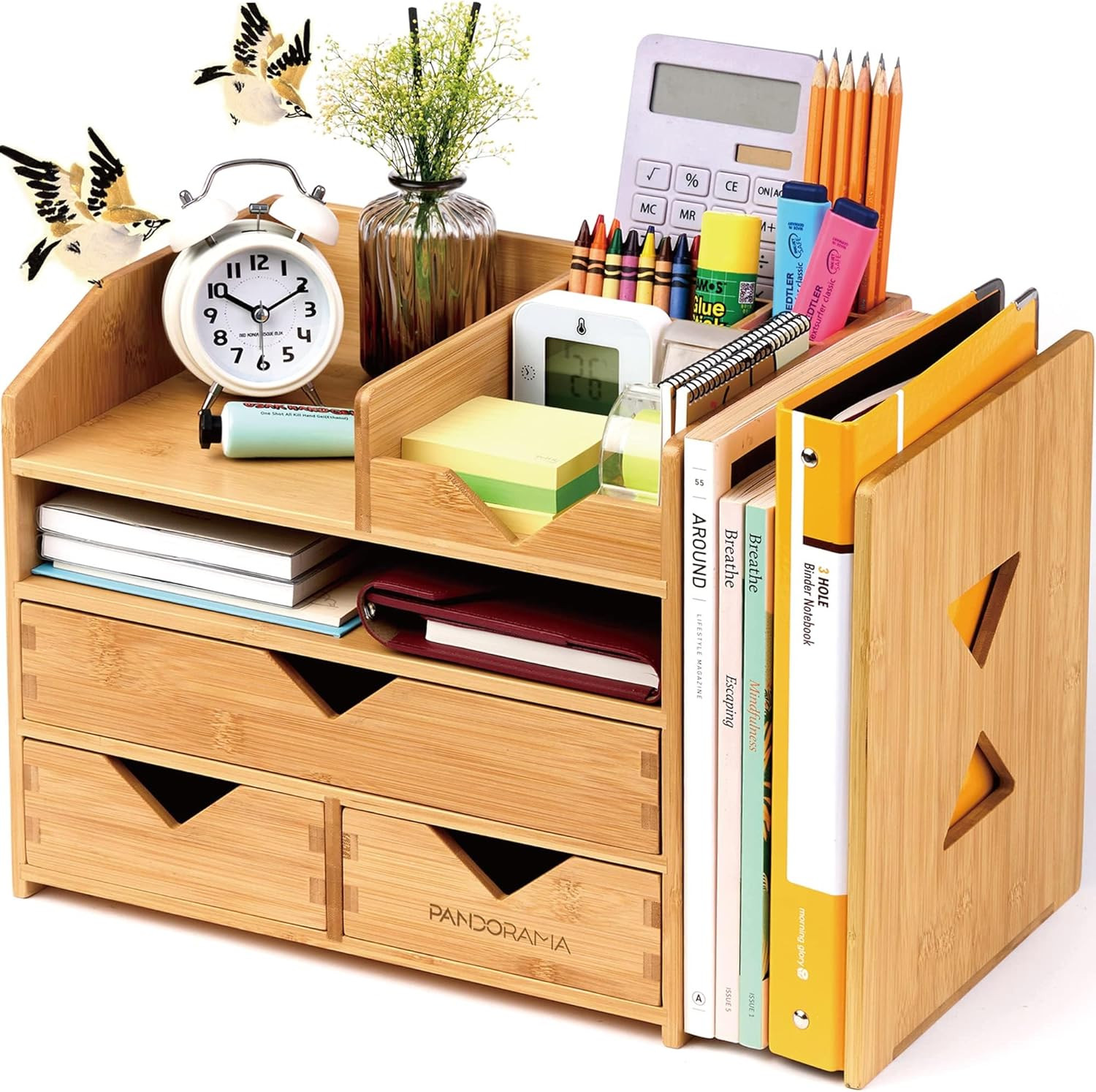 Bamboo Desk Organizer Large – A4 Drawers & Adjustable File Holder, Fully Assembl