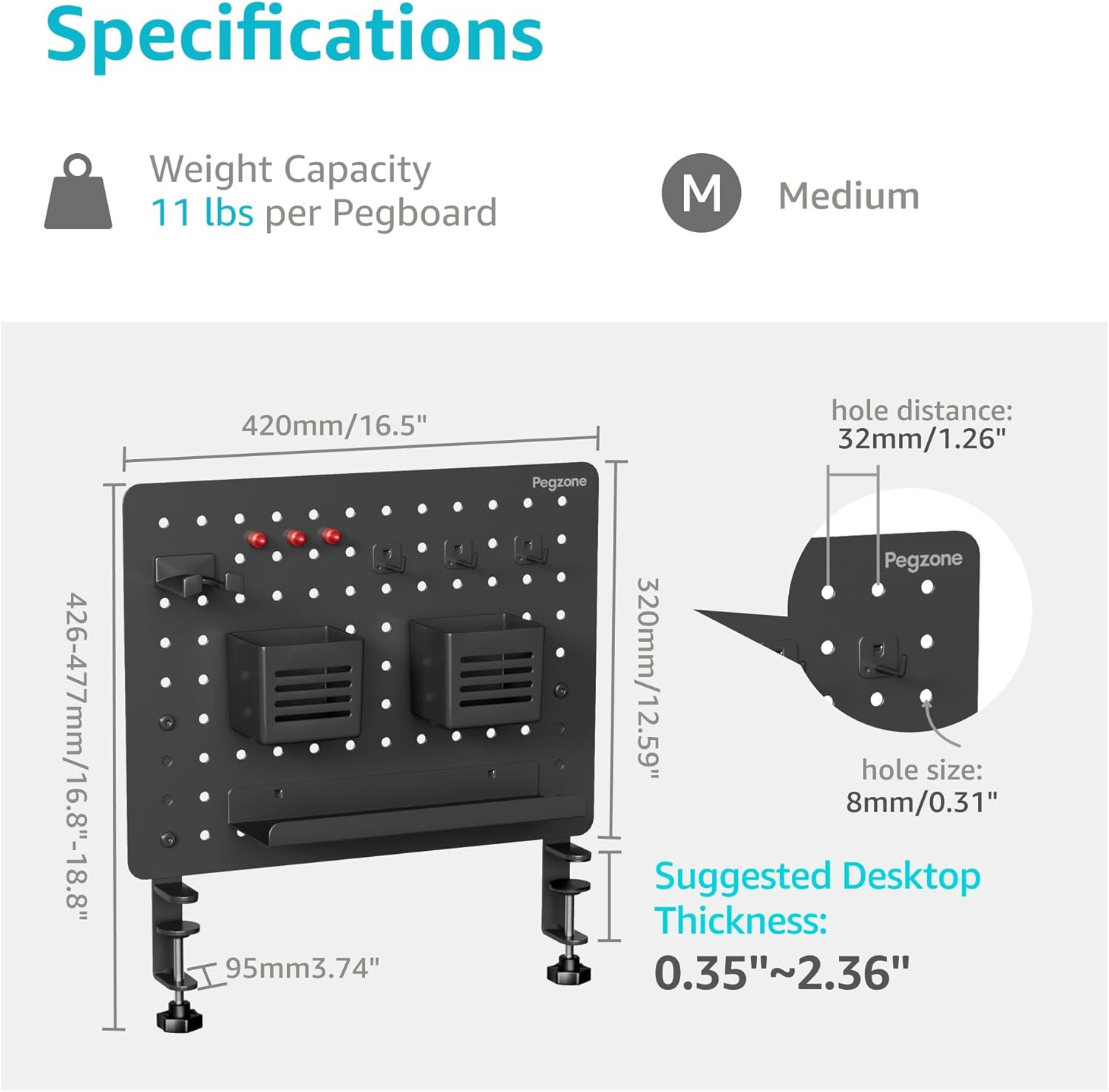 Clamp-On Desk Pegboard, Desk Organizer for Office Gaming Home, Magnetic Metal Pe