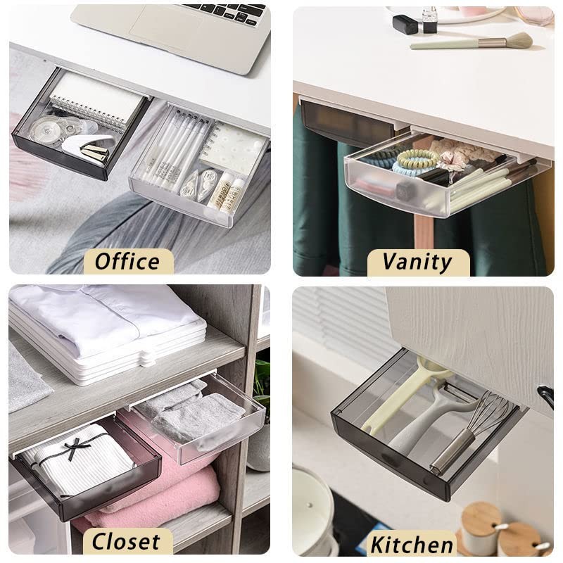 SOUJOY 3 Pack Under Desk Drawer, Self-Adhesive White with Transparent finish