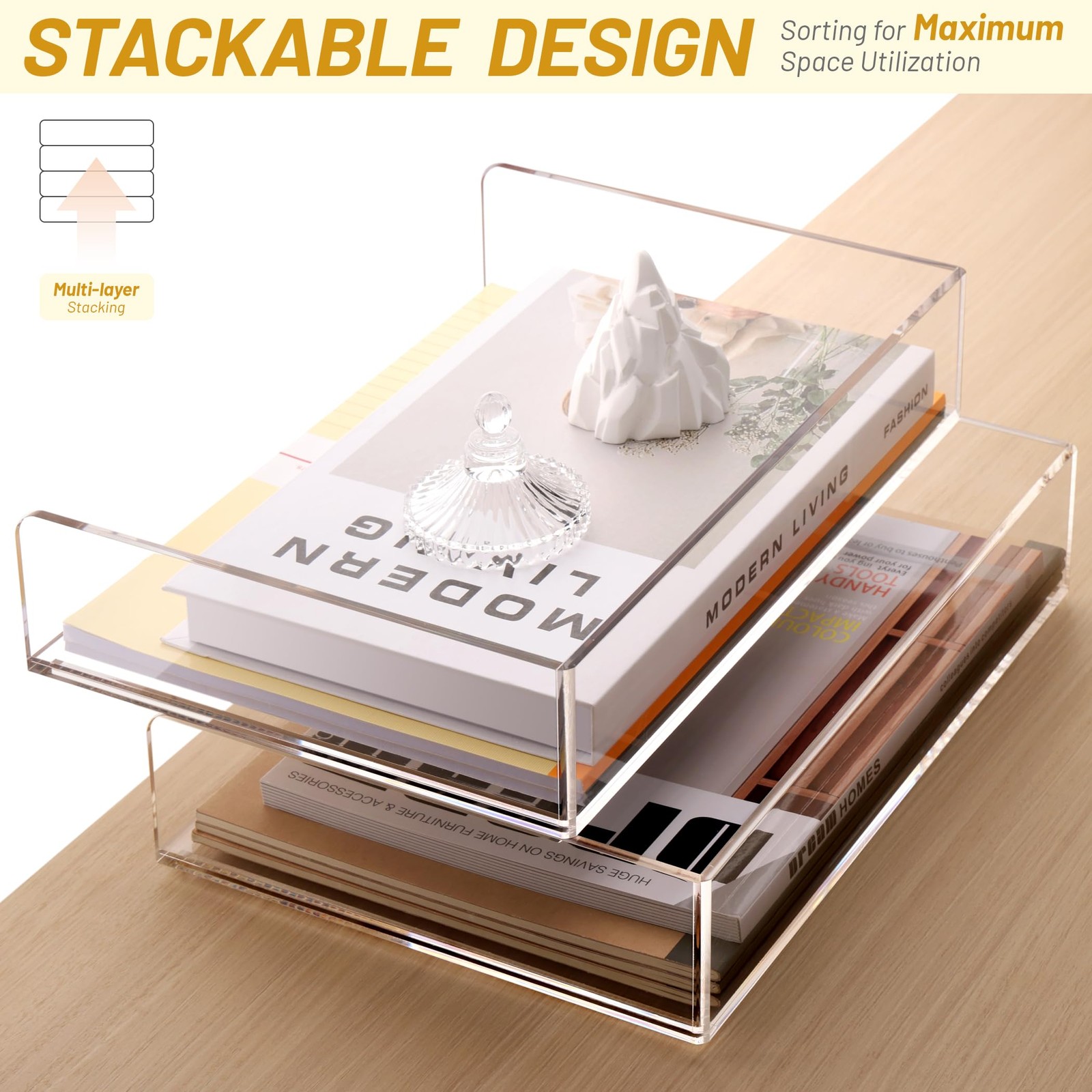 Acrylic Paper Tray Organizer, 2 Pack Stackable Desk File Holder