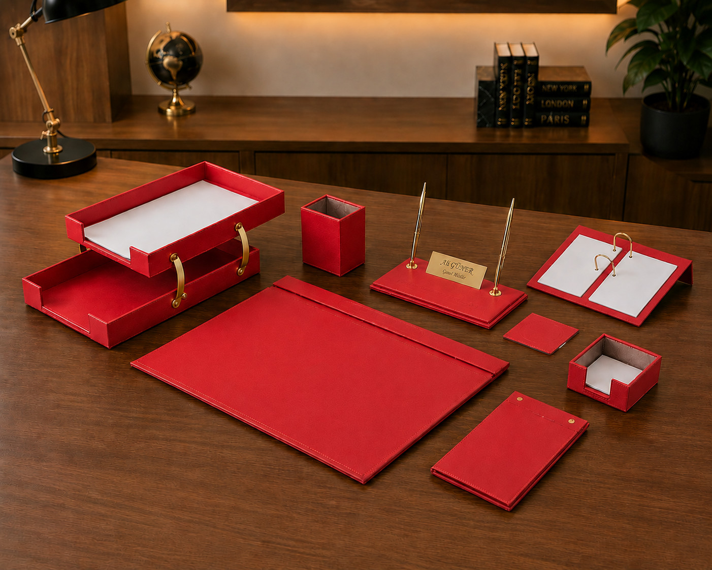 Leather Desk Set 10 Pieces with Double Document Tray Desk Organizer Red