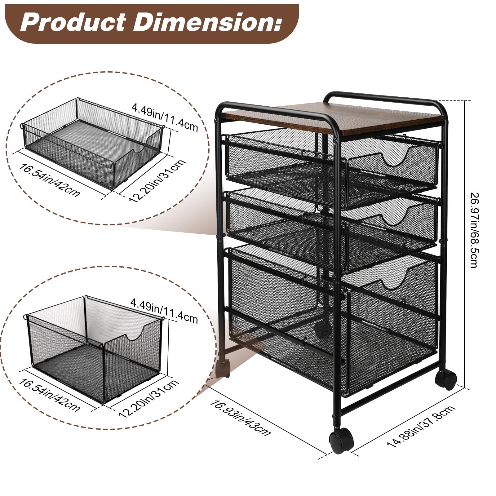 EasyPAG 3-Tier Rolling File Cart with 1 Large & 2 Small 3 Drawer, Black