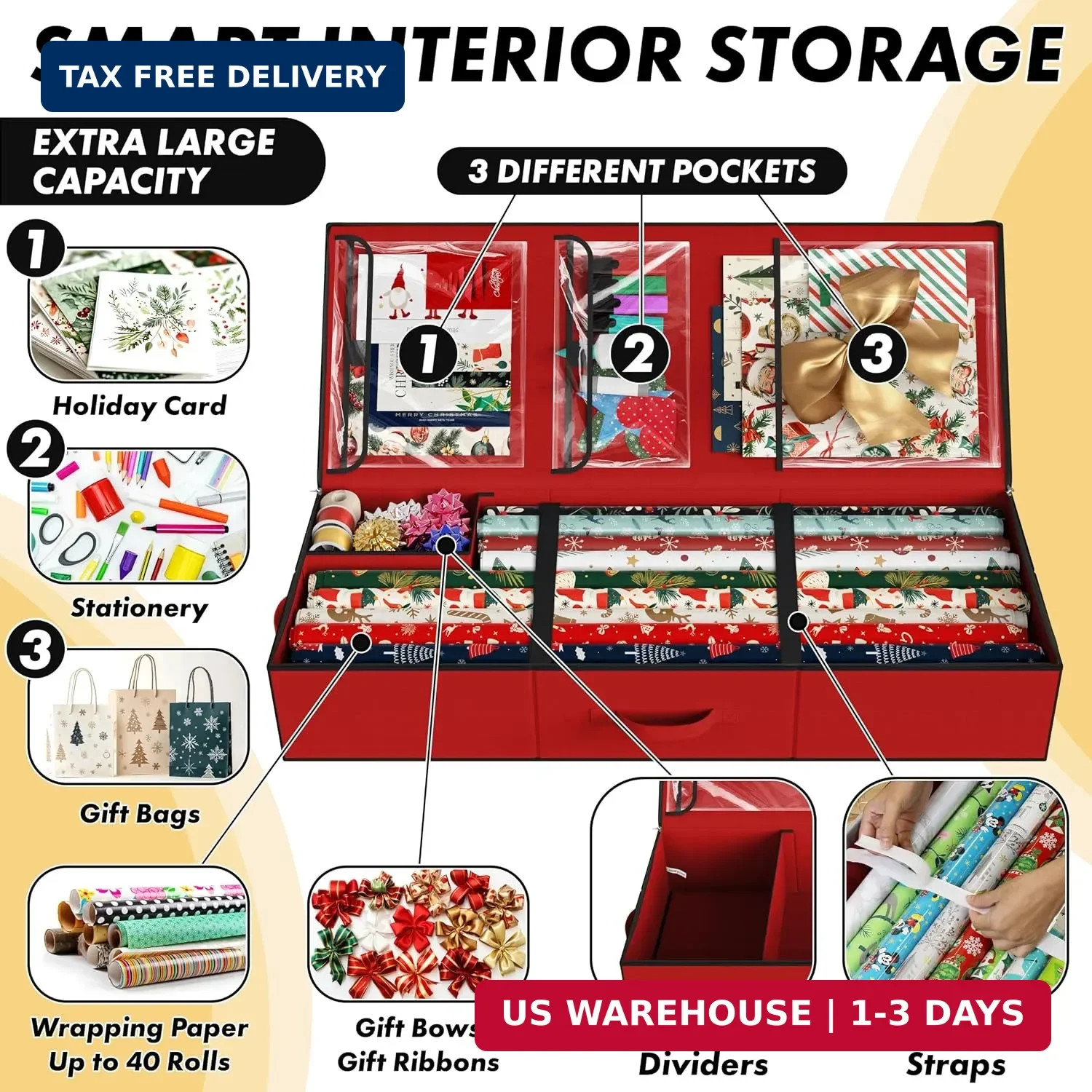 Simple Houseware 41.5″ Wrapping Paper Storage Organizer – Fits 40 Rolls with Adj