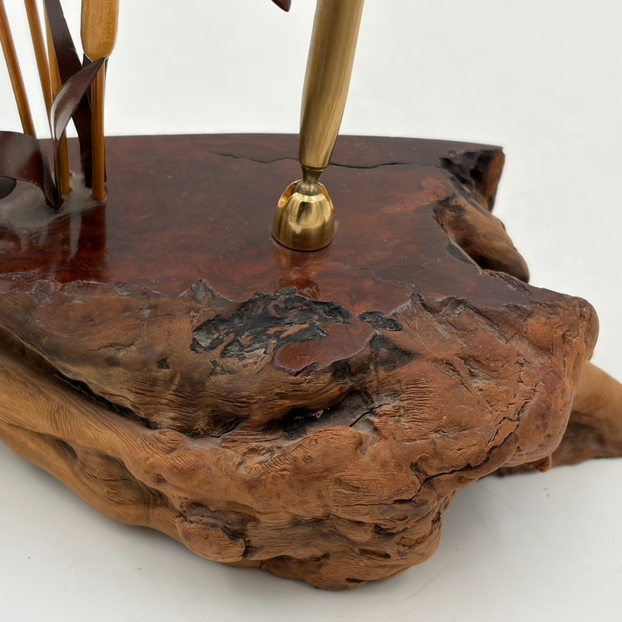 VTG Burl Wood Cattail Bird Desk Organizer Box Brass Pen Holder Mid Century MCM