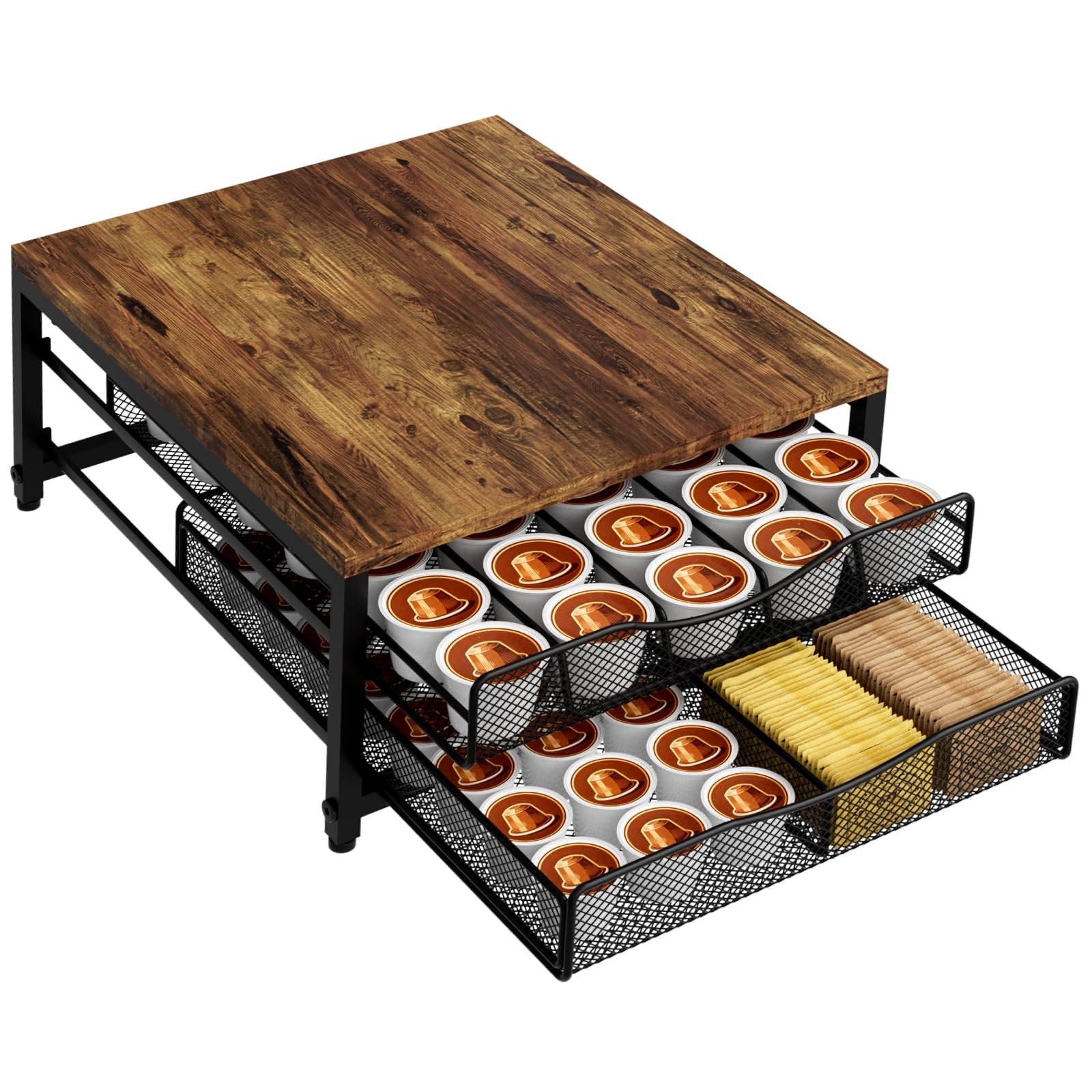 VyGrow Coffee Pod Holder For Counter, Double Layer Sliding Drawer, brown