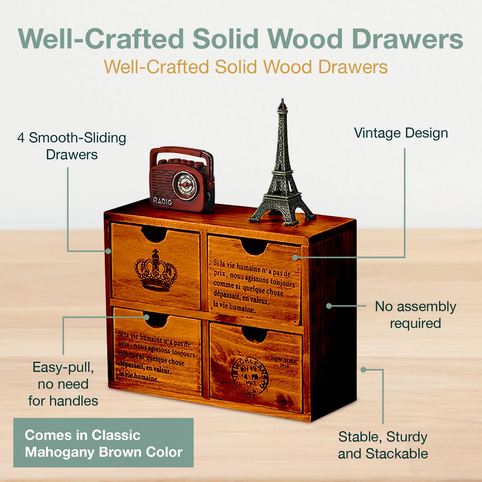 4-Drawer 4.5 inches (D) x 10 (W) x 7.8 (H), Mahogany Wood