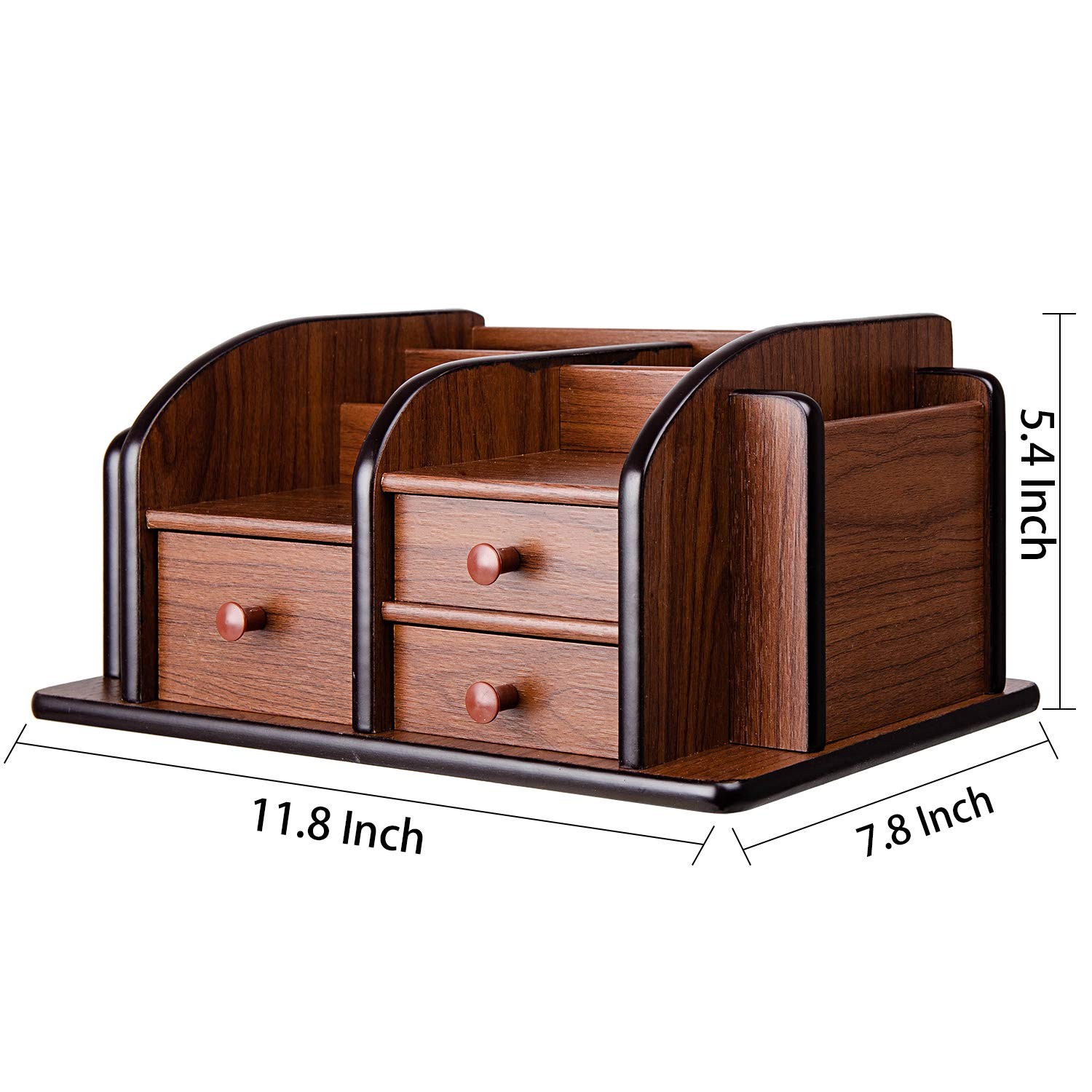 Liry Products Brown Wooden Desk Organizer Multiple Compartments 3 Drawers Slots