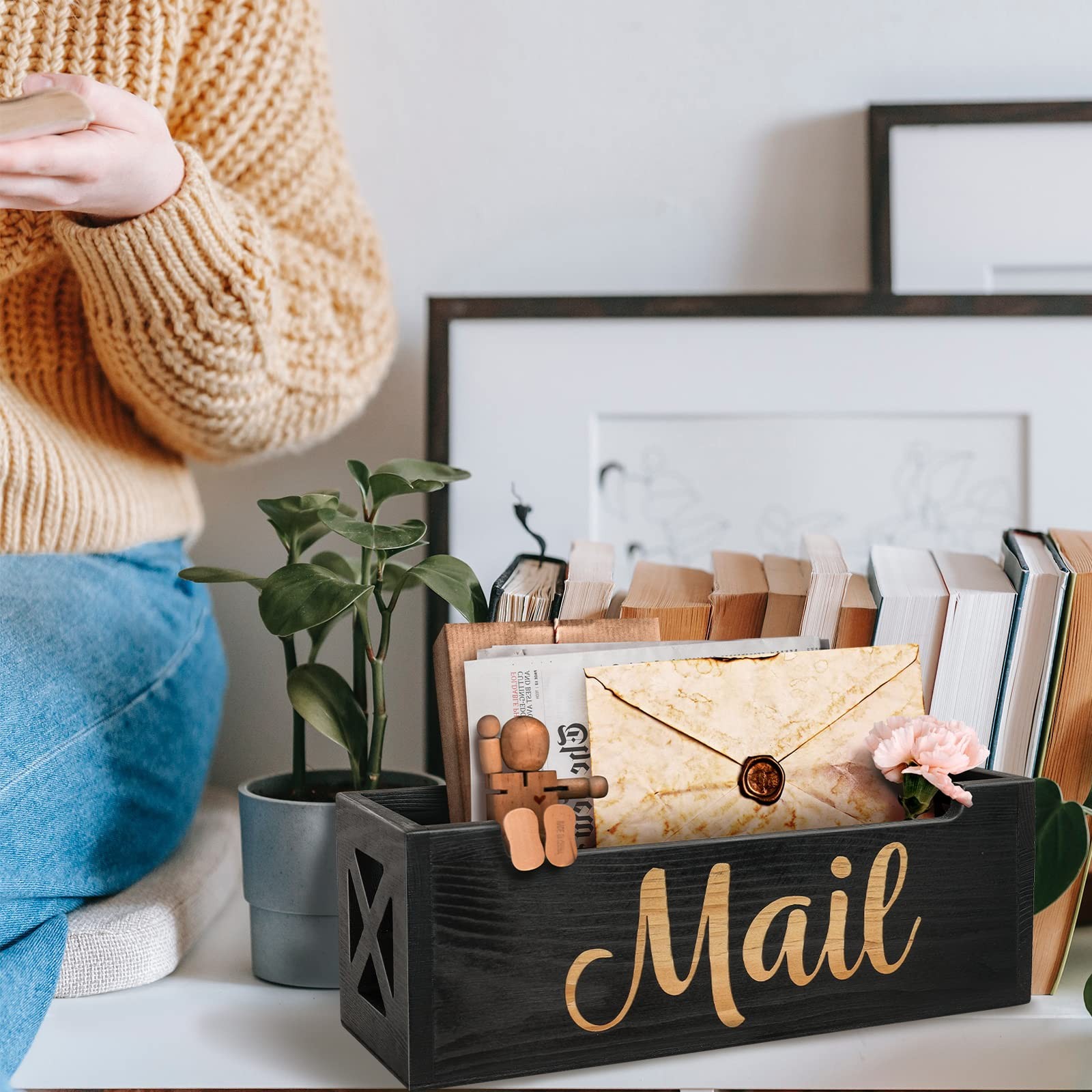 Organizer Holder Countertop, Rustic Wooden Basket Tray Letter Holder for Desk…