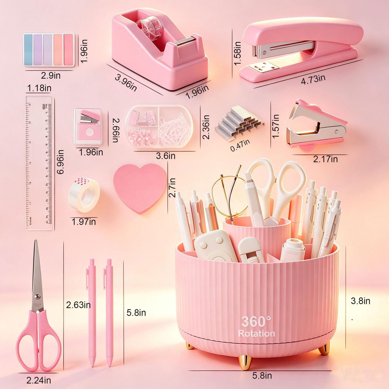 Office Supplies Set Rotating Pen Holder for Desk with Stapler Staple Tape Dis…