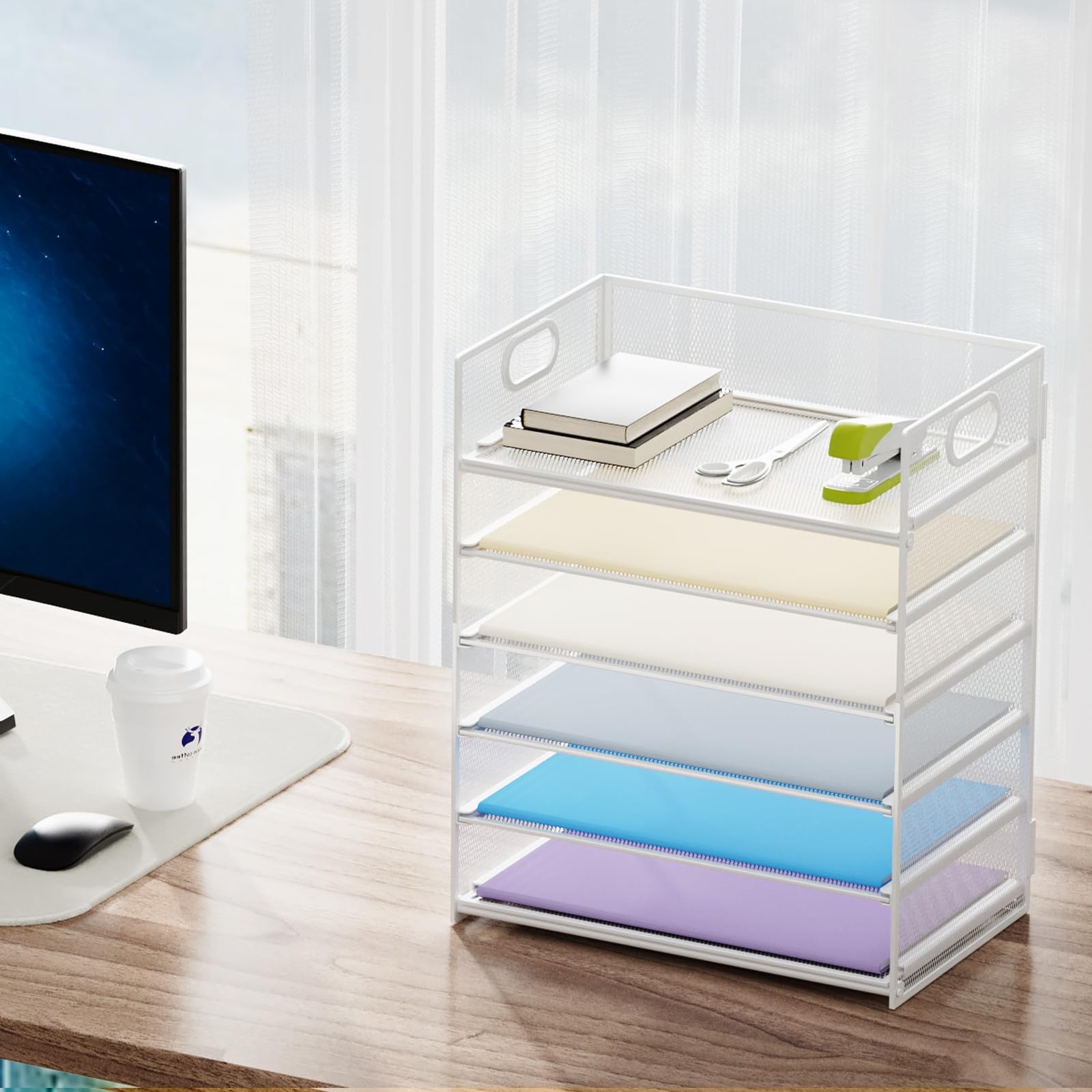 Marbrasse 2 Pack 6~Tier Mesh Desk Organizer with Handle, White