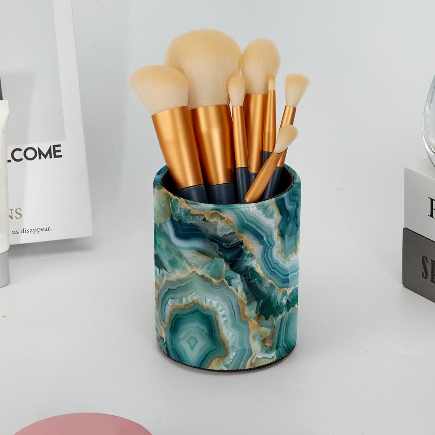Pencil Holder for Desk, Teal Agate Pen Holder Organizer, Large Capacity Pen Hold
