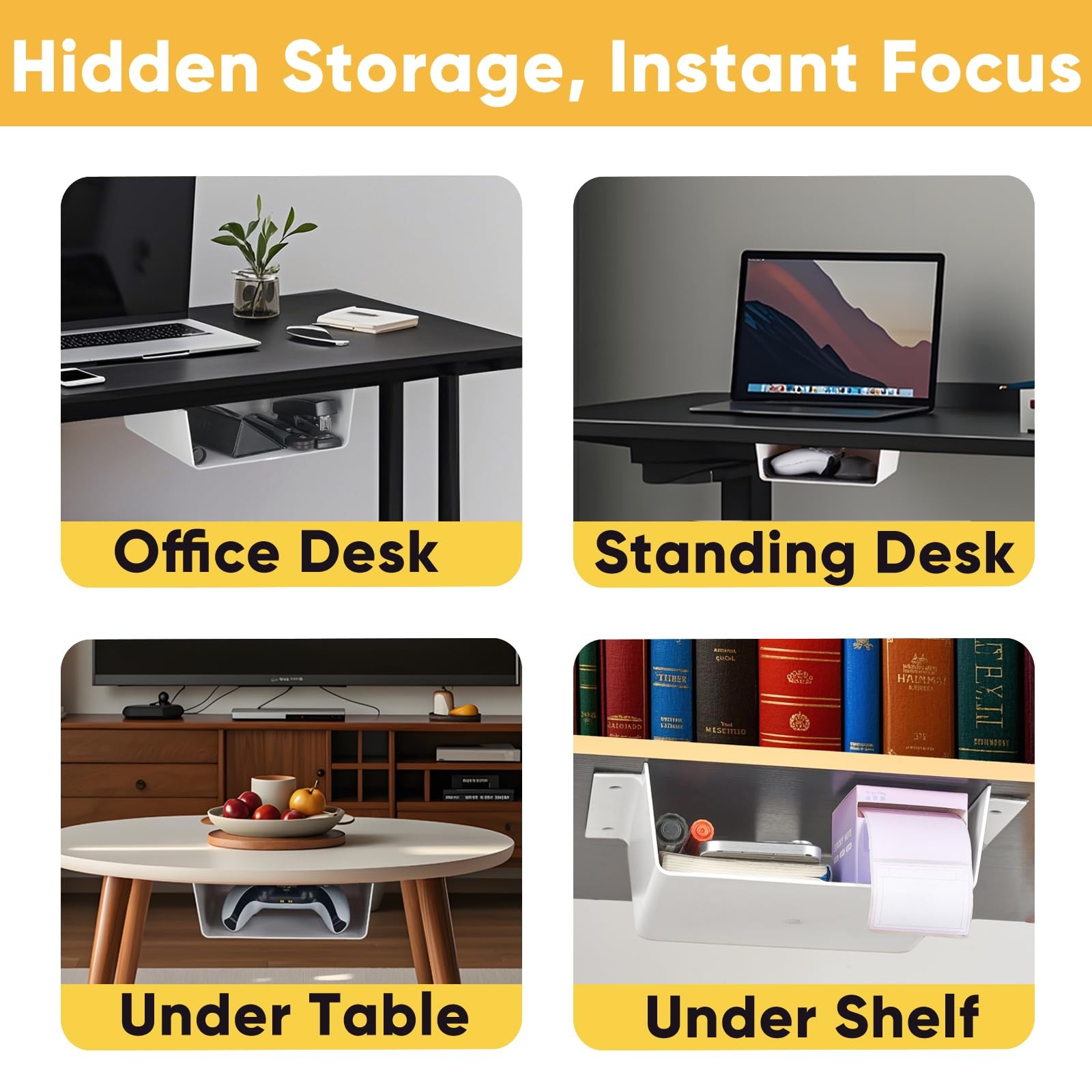 2 PCS Under Desk Hanging Shelf Drawer Organizer Plastic Hidden Storage White